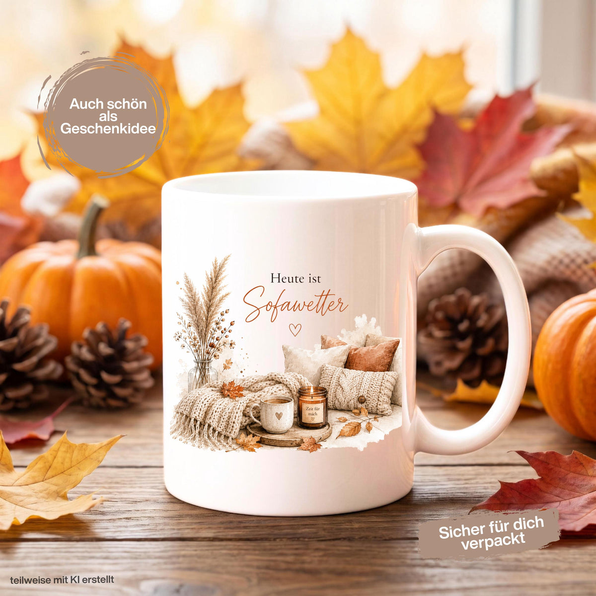 Herbst Tasse mit Spruch „Heute ist Sofawetter“ als Me Time Geschenk, Selfcare Geschenk und Geschenk für beste Freundin. Weiße Keramiktasse 330 ml beidseitig bedruckt, ideal als Geschenk für Kaffeeliebhaber und Kaffeeliebhaber Geschenk. Herbsttasse für Herbstzeit und Cozy Season mit gemütlichem Motiv aus Sofa, Kerze & Herbstblättern. Keramiktasse als Herbst Geschenk für Freundin, Mama, Schwester, Cozy-Season-Fans und Kaffeefans. Gemütliche Tasse Herbst für entspannte Kaffeepausen und Sofamomente.