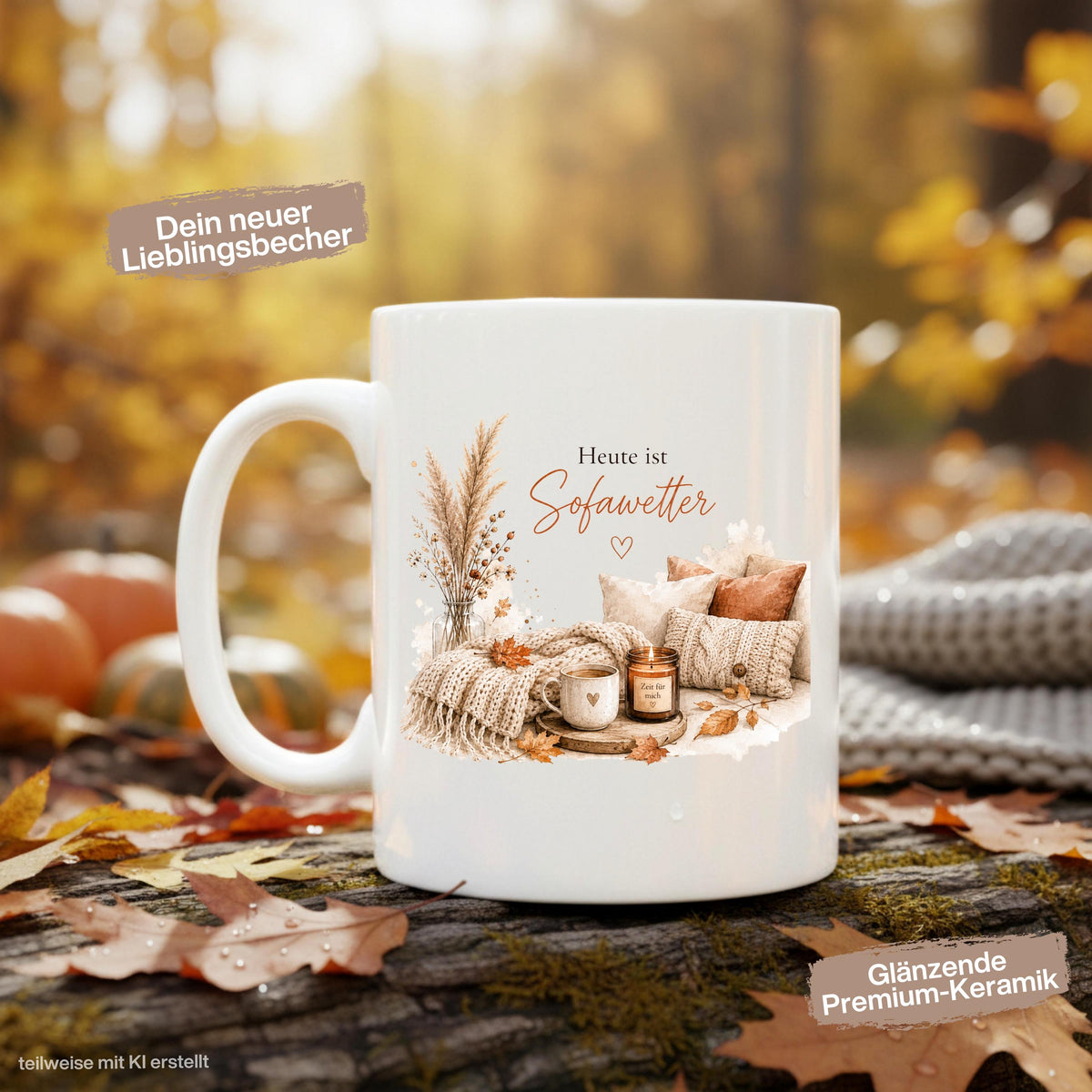 Herbst Tasse mit Spruch „Heute ist Sofawetter“ als Me Time Geschenk, Selfcare Geschenk und Geschenk für beste Freundin. Weiße Keramiktasse 330 ml beidseitig bedruckt, ideal als Geschenk für Kaffeeliebhaber und Kaffeeliebhaber Geschenk. Herbsttasse für Herbstzeit und Cozy Season mit gemütlichem Motiv aus Sofa, Kerze & Herbstblättern. Keramiktasse als Herbst Geschenk für Freundin, Mama, Schwester, Cozy-Season-Fans und Kaffeefans. Gemütliche Tasse Herbst für entspannte Kaffeepausen und Sofamomente.