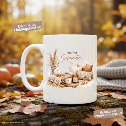 Herbst Tasse mit Spruch „Heute ist Sofawetter“ als Me Time Geschenk, Selfcare Geschenk und Geschenk für beste Freundin. Weiße Keramiktasse 330 ml beidseitig bedruckt, ideal als Geschenk für Kaffeeliebhaber und Kaffeeliebhaber Geschenk. Herbsttasse für Herbstzeit und Cozy Season mit gemütlichem Motiv aus Sofa, Kerze & Herbstblättern. Keramiktasse als Herbst Geschenk für Freundin, Mama, Schwester, Cozy-Season-Fans und Kaffeefans. Gemütliche Tasse Herbst für entspannte Kaffeepausen und Sofamomente.