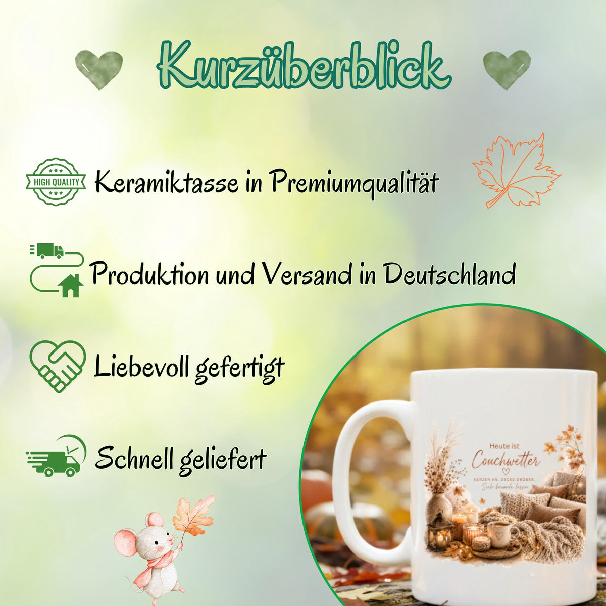 Herbst Tasse mit Spruch „Heute ist Couchwetter“ als Me Time Geschenk, Selfcare Geschenk und Geschenk für beste Freundin. Weiße Keramiktasse 330 ml beidseitig bedruckt mit gemütlichem Herbstmotiv aus Couch, Strickdecken, Kissen, Kaffeetasse, Kerzen und Herbstblättern. Herbsttasse für Herbstzeit und Cozy Season, ideal als Geschenk für Kaffeeliebhaber, Freundin, Mama oder Schwester und für gemütliche Kaffee- und Teemomente zu Hause. Tasse Couchwetter Cozy Season, Geschenk Herbstfans Herbstzeit