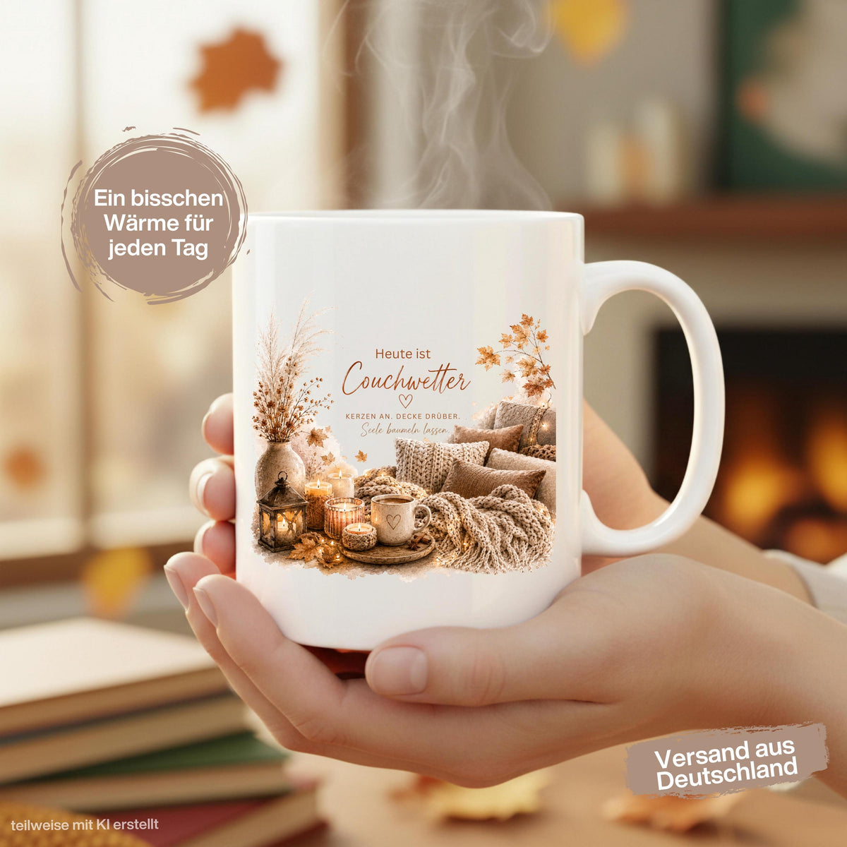 Herbst Tasse mit Spruch „Heute ist Couchwetter“ als Me Time Geschenk, Selfcare Geschenk und Geschenk für beste Freundin. Weiße Keramiktasse 330 ml beidseitig bedruckt mit gemütlichem Herbstmotiv aus Couch, Strickdecken, Kissen, Kaffeetasse, Kerzen und Herbstblättern. Herbsttasse für Herbstzeit und Cozy Season, ideal als Geschenk für Kaffeeliebhaber, Freundin, Mama oder Schwester und für gemütliche Kaffee- und Teemomente zu Hause. Tasse Couchwetter Cozy Season, Geschenk Herbstfans Herbstzeit