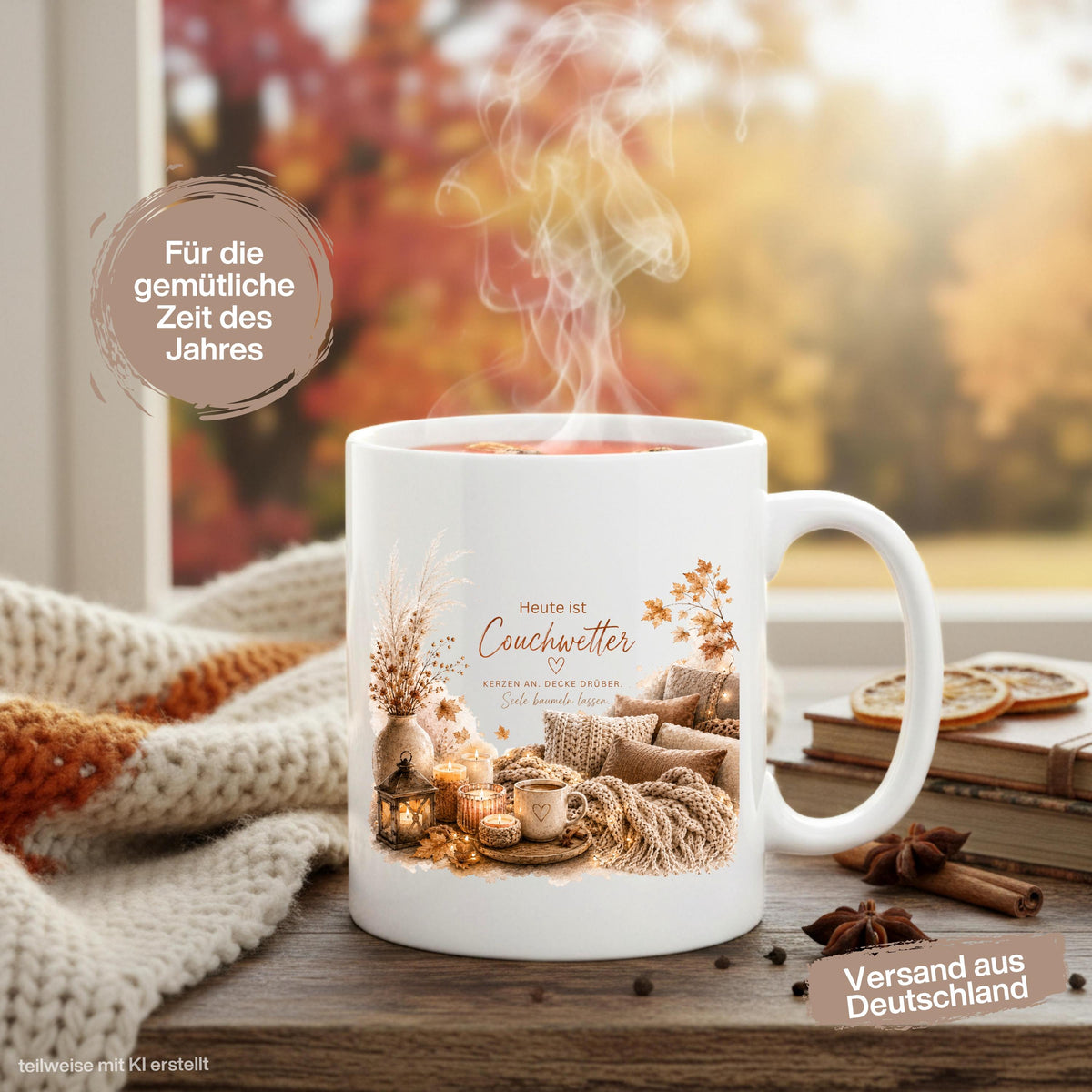 Herbst Tasse mit Spruch „Heute ist Couchwetter“ als Me Time Geschenk, Selfcare Geschenk und Geschenk für beste Freundin. Weiße Keramiktasse 330 ml beidseitig bedruckt mit gemütlichem Herbstmotiv aus Couch, Strickdecken, Kissen, Kaffeetasse, Kerzen und Herbstblättern. Herbsttasse für Herbstzeit und Cozy Season, ideal als Geschenk für Kaffeeliebhaber, Freundin, Mama oder Schwester und für gemütliche Kaffee- und Teemomente zu Hause. Tasse Couchwetter Cozy Season, Geschenk Herbstfans Herbstzeit