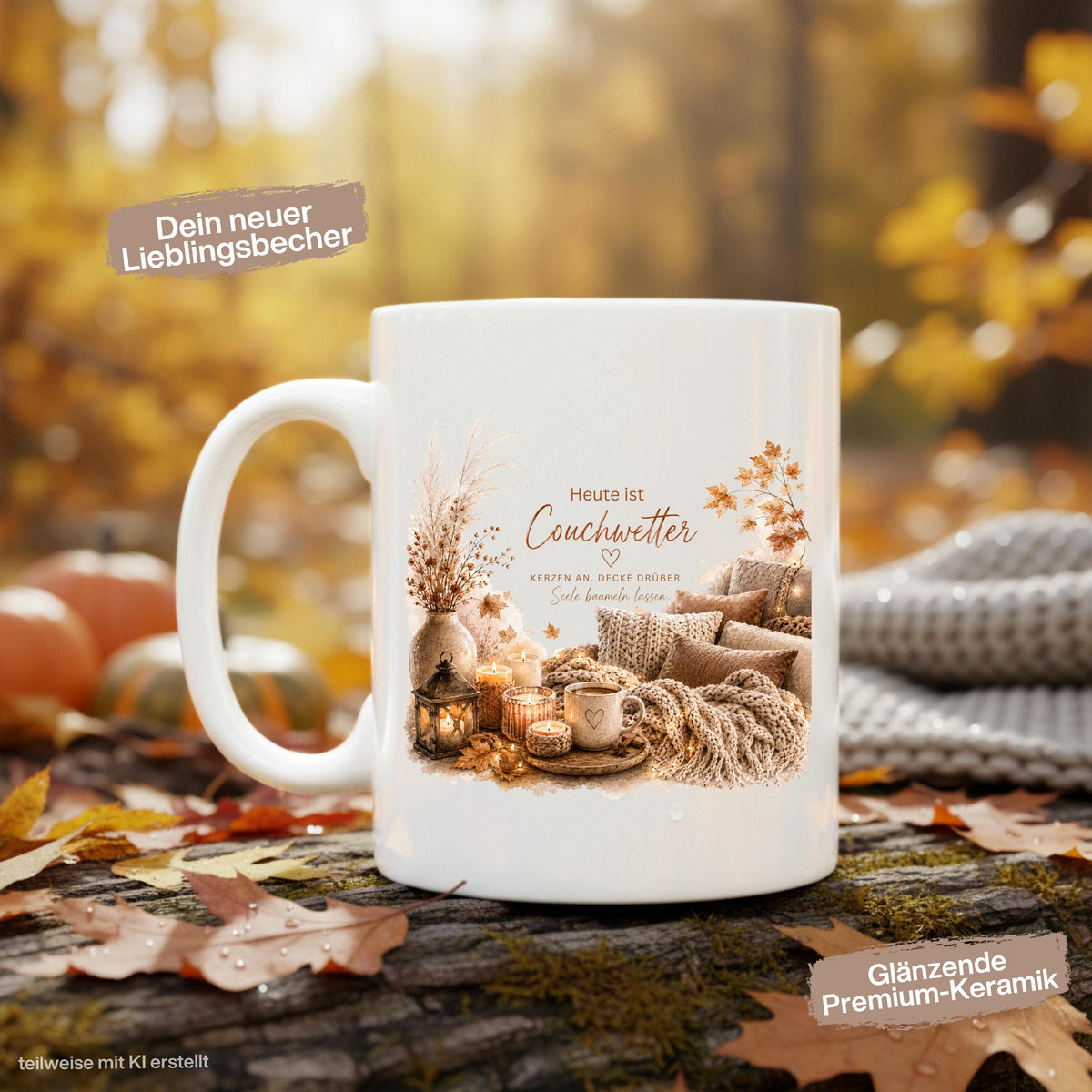 Herbst Tasse mit Spruch „Heute ist Couchwetter“ als Me Time Geschenk, Selfcare Geschenk und Geschenk für beste Freundin. Weiße Keramiktasse 330 ml beidseitig bedruckt mit gemütlichem Herbstmotiv aus Couch, Strickdecken, Kissen, Kaffeetasse, Kerzen und Herbstblättern. Herbsttasse für Herbstzeit und Cozy Season, ideal als Geschenk für Kaffeeliebhaber, Freundin, Mama oder Schwester und für gemütliche Kaffee- und Teemomente zu Hause. Tasse Couchwetter Cozy Season, Geschenk Herbstfans Herbstzeit