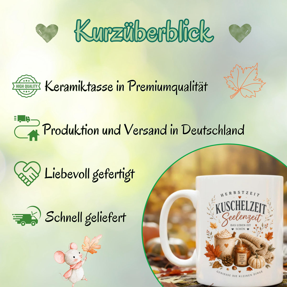 Herbst Tasse mit Spruch „Herbstzeit – Kuschelzeit – Seelenzeit“ als Me Time Geschenk, Herbst Geschenk und Geschenk für beste Freundin. Weiße Keramiktasse 330 ml beidseitig bedruckt mit gemütlichem Herbstmotiv aus warmer Tasse, Strickdecke, Kerze, Kürbis, Tannenzapfen und Herbstblättern. Herbsttasse für Herbstzeit und Cozy Season, ideal als Geschenk für Kaffeeliebhaber, Freundin, Mama oder Schwester und für gemütliche Kaffee-, Tee- und Kakaomomente zu Hause. geschenk beste freundin
keramiktassen
