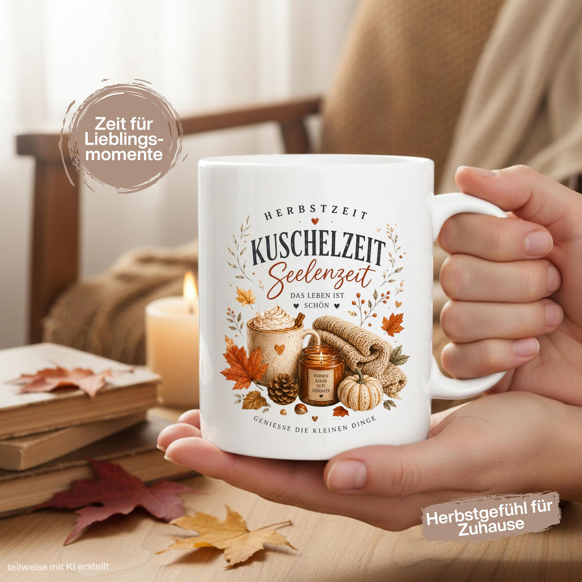 Herbst Tasse mit Spruch „Herbstzeit – Kuschelzeit – Seelenzeit“ als Me Time Geschenk, Herbst Geschenk und Geschenk für beste Freundin. Weiße Keramiktasse 330 ml beidseitig bedruckt mit gemütlichem Herbstmotiv aus warmer Tasse, Strickdecke, Kerze, Kürbis, Tannenzapfen und Herbstblättern. Herbsttasse für Herbstzeit und Cozy Season, ideal als Geschenk für Kaffeeliebhaber, Freundin, Mama oder Schwester und für gemütliche Kaffee-, Tee- und Kakaomomente zu Hause. geschenk beste freundin
keramiktassen