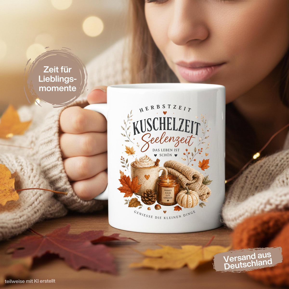 Herbst Tasse mit Spruch „Herbstzeit – Kuschelzeit – Seelenzeit“ als Me Time Geschenk, Herbst Geschenk und Geschenk für beste Freundin. Weiße Keramiktasse 330 ml beidseitig bedruckt mit gemütlichem Herbstmotiv aus warmer Tasse, Strickdecke, Kerze, Kürbis, Tannenzapfen und Herbstblättern. Herbsttasse für Herbstzeit und Cozy Season, ideal als Geschenk für Kaffeeliebhaber, Freundin, Mama oder Schwester und für gemütliche Kaffee-, Tee- und Kakaomomente zu Hause. geschenk beste freundin
keramiktassen