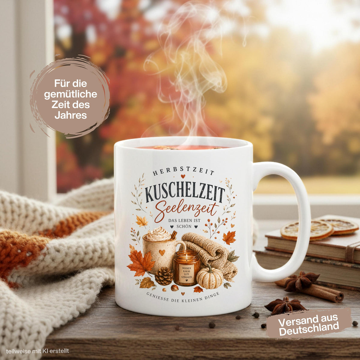 Herbst Tasse mit Spruch „Herbstzeit – Kuschelzeit – Seelenzeit“ als Me Time Geschenk, Herbst Geschenk und Geschenk für beste Freundin. Weiße Keramiktasse 330 ml beidseitig bedruckt mit gemütlichem Herbstmotiv aus warmer Tasse, Strickdecke, Kerze, Kürbis, Tannenzapfen und Herbstblättern. Herbsttasse für Herbstzeit und Cozy Season, ideal als Geschenk für Kaffeeliebhaber, Freundin, Mama oder Schwester und für gemütliche Kaffee-, Tee- und Kakaomomente zu Hause. geschenk beste freundin
keramiktassen