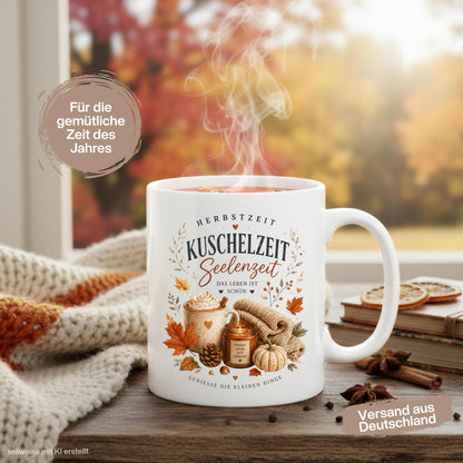 Herbst Tasse mit Spruch „Herbstzeit – Kuschelzeit – Seelenzeit“ als Me Time Geschenk, Herbst Geschenk und Geschenk für beste Freundin. Weiße Keramiktasse 330 ml beidseitig bedruckt mit gemütlichem Herbstmotiv aus warmer Tasse, Strickdecke, Kerze, Kürbis, Tannenzapfen und Herbstblättern. Herbsttasse für Herbstzeit und Cozy Season, ideal als Geschenk für Kaffeeliebhaber, Freundin, Mama oder Schwester und für gemütliche Kaffee-, Tee- und Kakaomomente zu Hause. geschenk beste freundin
keramiktassen