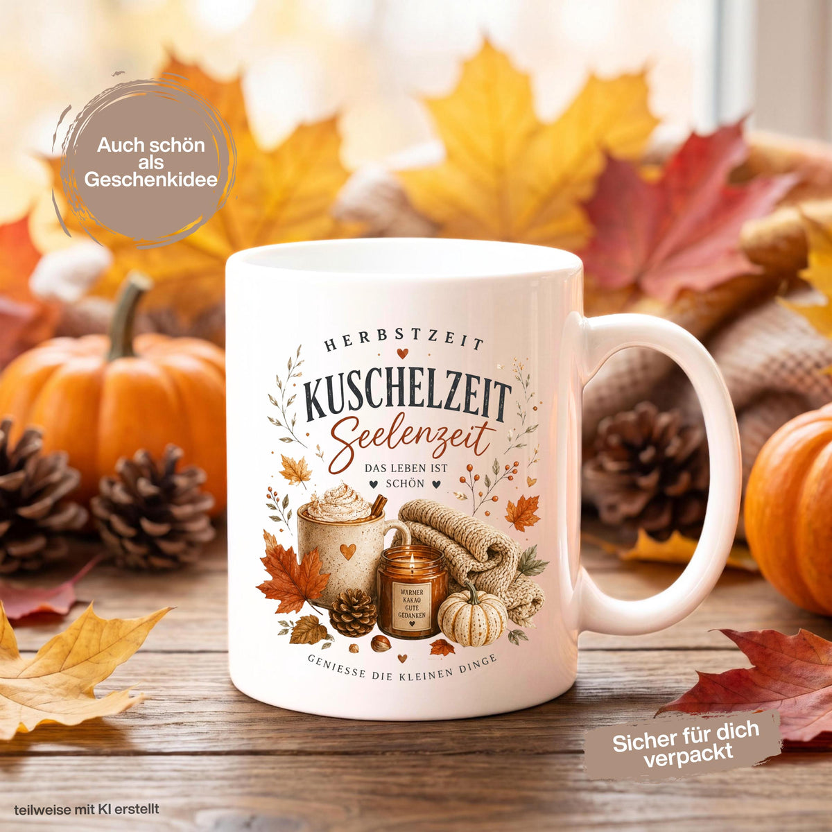 Herbst Tasse mit Spruch „Herbstzeit – Kuschelzeit – Seelenzeit“ als Me Time Geschenk, Herbst Geschenk und Geschenk für beste Freundin. Weiße Keramiktasse 330 ml beidseitig bedruckt mit gemütlichem Herbstmotiv aus warmer Tasse, Strickdecke, Kerze, Kürbis, Tannenzapfen und Herbstblättern. Herbsttasse für Herbstzeit und Cozy Season, ideal als Geschenk für Kaffeeliebhaber, Freundin, Mama oder Schwester und für gemütliche Kaffee-, Tee- und Kakaomomente zu Hause. geschenk beste freundin
keramiktassen