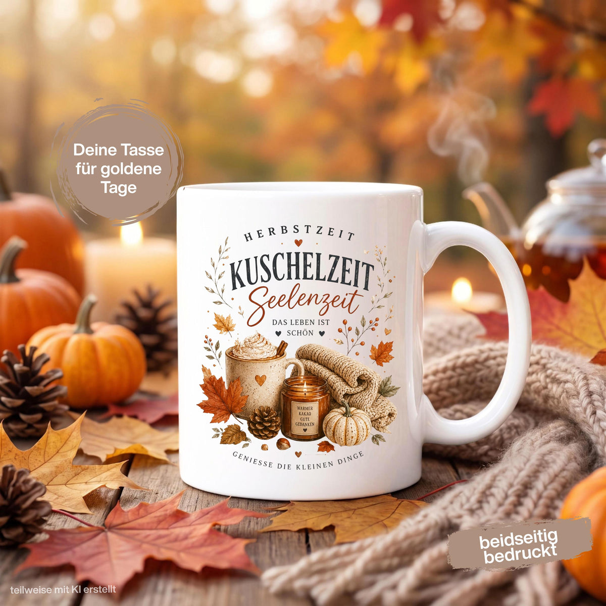 Herbst Tasse mit Spruch „Herbstzeit – Kuschelzeit – Seelenzeit“ als Me Time Geschenk, Herbst Geschenk und Geschenk für beste Freundin. Weiße Keramiktasse 330 ml beidseitig bedruckt mit gemütlichem Herbstmotiv aus warmer Tasse, Strickdecke, Kerze, Kürbis, Tannenzapfen und Herbstblättern. Herbsttasse für Herbstzeit und Cozy Season, ideal als Geschenk für Kaffeeliebhaber, Freundin, Mama oder Schwester und für gemütliche Kaffee-, Tee- und Kakaomomente zu Hause. geschenk beste freundin
keramiktassen
