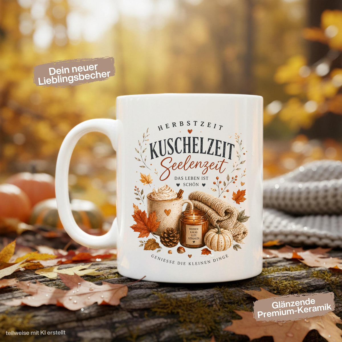 Herbst Tasse mit Spruch „Herbstzeit – Kuschelzeit – Seelenzeit“ als Me Time Geschenk, Herbst Geschenk und Geschenk für beste Freundin. Weiße Keramiktasse 330 ml beidseitig bedruckt mit gemütlichem Herbstmotiv aus warmer Tasse, Strickdecke, Kerze, Kürbis, Tannenzapfen und Herbstblättern. Herbsttasse für Herbstzeit und Cozy Season, ideal als Geschenk für Kaffeeliebhaber, Freundin, Mama oder Schwester und für gemütliche Kaffee-, Tee- und Kakaomomente zu Hause. geschenk beste freundin
keramiktassen