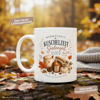 Herbst Tasse mit Spruch „Herbstzeit – Kuschelzeit – Seelenzeit“ als Me Time Geschenk, Herbst Geschenk und Geschenk für beste Freundin. Weiße Keramiktasse 330 ml beidseitig bedruckt mit gemütlichem Herbstmotiv aus warmer Tasse, Strickdecke, Kerze, Kürbis, Tannenzapfen und Herbstblättern. Herbsttasse für Herbstzeit und Cozy Season, ideal als Geschenk für Kaffeeliebhaber, Freundin, Mama oder Schwester und für gemütliche Kaffee-, Tee- und Kakaomomente zu Hause. geschenk beste freundin
keramiktassen