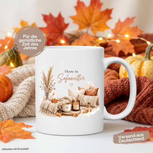 Herbst Tasse mit Spruch „Heute ist Sofawetter“ als Me Time Geschenk, Selfcare Geschenk und Geschenk für beste Freundin. Weiße Keramiktasse 330 ml beidseitig bedruckt, ideal als Geschenk für Kaffeeliebhaber und Kaffeeliebhaber Geschenk. Herbsttasse für Herbstzeit und Cozy Season mit gemütlichem Motiv aus Sofa, Kerze & Herbstblättern. Keramiktasse als Herbst Geschenk für Freundin, Mama, Schwester, Cozy-Season-Fans und Kaffeefans. Gemütliche Tasse Herbst für entspannte Kaffeepausen und Sofamomente.