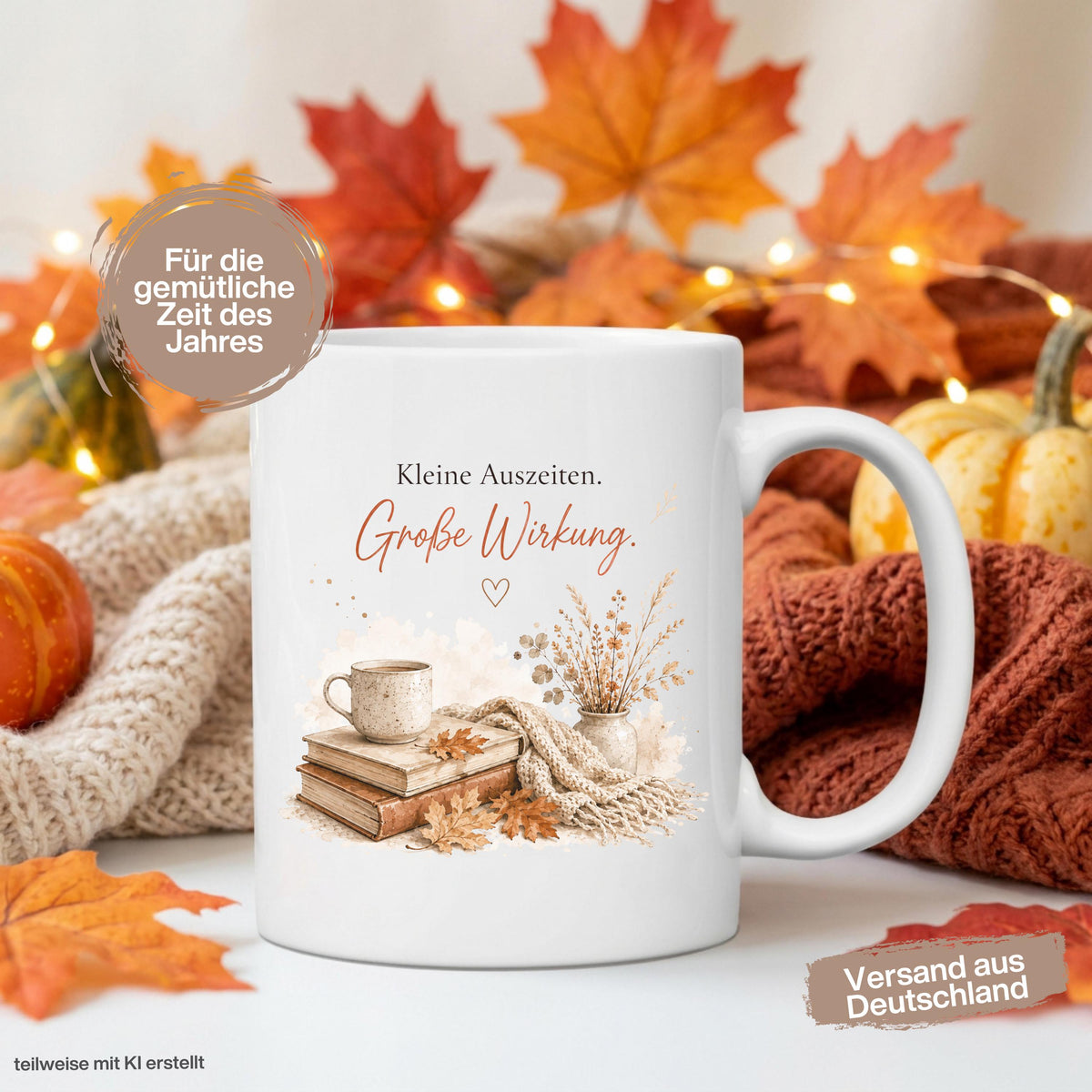 Herbst Tasse mit Spruch „Kleine Auszeiten. Große Wirkung“ als Me Time Geschenk, Selfcare Geschenk und Geschenk für beste Freundin. Weiße Keramiktasse, ideal als Geschenk für Kaffeeliebhaber und Kaffeeliebhaber Geschenk. Herbsttasse für Herbstzeit und Cozy Season mit gemütlichem Motiv aus  Herbstblättern. Keramiktasse als Herbst Geschenk für Freundin, Mama, Schwester, Leseratten und Kaffeefans. Gemütliche Tasse Herbst für entspannte Kaffeepausen, Lesestunden und kleine Auszeiten im Alltag.