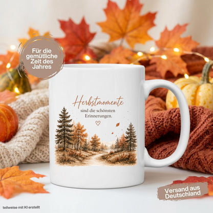 Herbst Tasse mit Spruch als Geschenk für beste Freundin und Geschenk für Kaffeeliebhaber. Weiße Keramiktasse 330 ml mit dem Spruch „Herbstmomente sind die schönsten Erinnerungen“ und herbstlichem Naturmotiv. Herbsttasse als Kaffeeliebhaber Geschenk für Herbstzeit und Cozy Season, Herbst Geschenk für Freundin, Mama oder Schwester sowie Me Time Geschenk und Selfcare Geschenk. Keramiktasse und Tasse Herbst für gemütliche Kaffee- und Teemomente, produziert und versendet aus Deutschland.