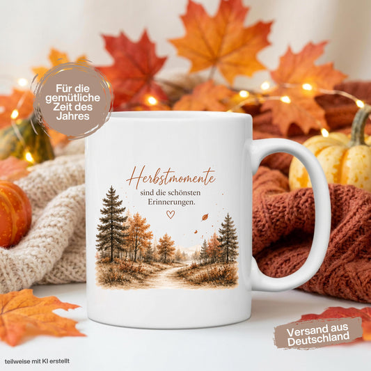 Herbst Tasse mit Spruch als Geschenk für beste Freundin und Geschenk für Kaffeeliebhaber. Weiße Keramiktasse 330 ml mit dem Spruch „Herbstmomente sind die schönsten Erinnerungen“ und herbstlichem Naturmotiv. Herbsttasse als Kaffeeliebhaber Geschenk für Herbstzeit und Cozy Season, Herbst Geschenk für Freundin, Mama oder Schwester sowie Me Time Geschenk und Selfcare Geschenk. Keramiktasse und Tasse Herbst für gemütliche Kaffee- und Teemomente, produziert und versendet aus Deutschland.