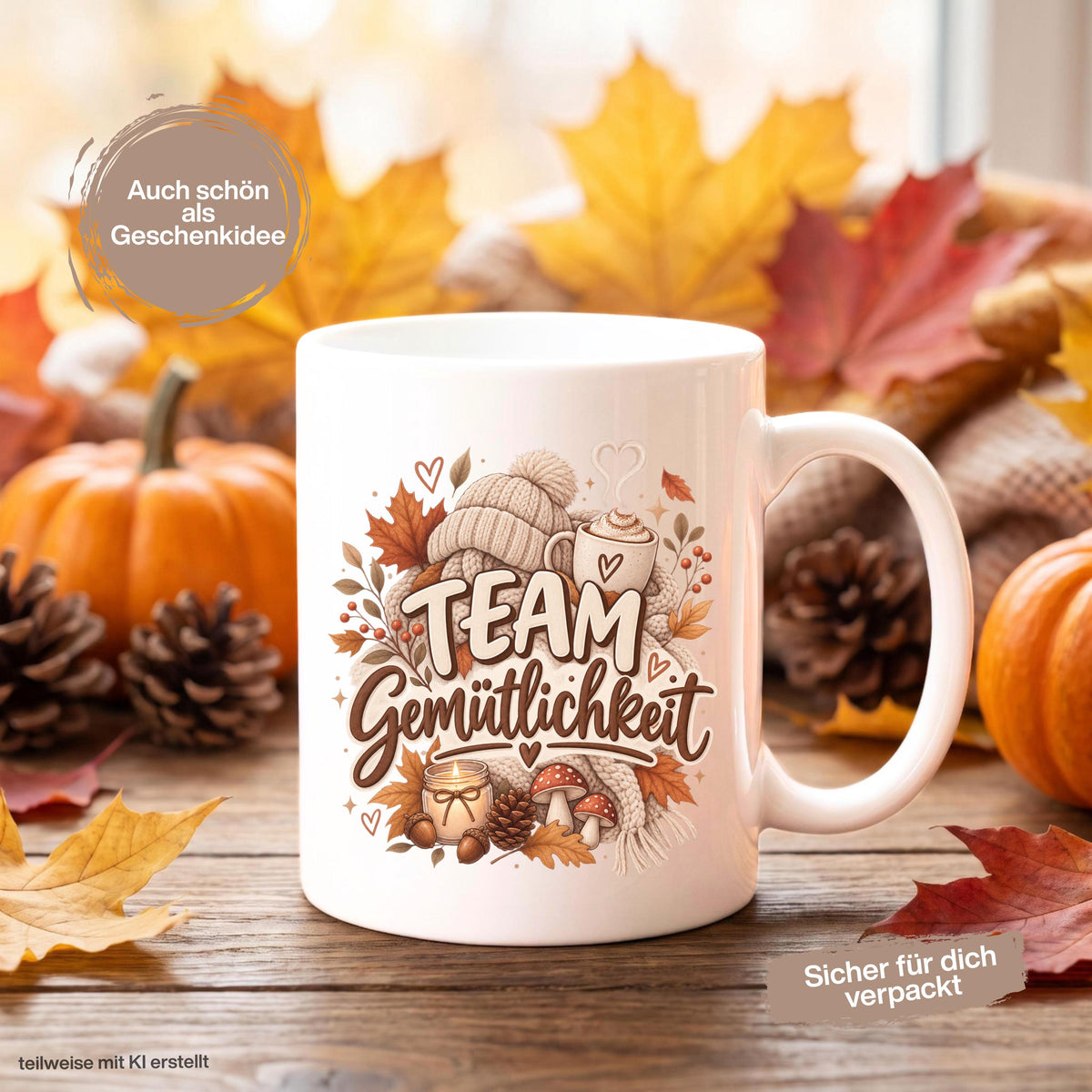 Herbst Tasse mit Spruch „Team Gemütlichkeit“ als gemütliches Herbst Geschenk, Me Time Geschenk und Geschenk für beste Freundin. Weiße Keramiktasse 330 ml beidseitig bedruckt mit herbstlichem Cozy-Season-Motiv aus warmer Tasse, Strickmütze, Kuscheldecke, Kerze, Pilzen, Tannenzapfen, Eicheln und Herbstblättern. Herbsttasse für Herbstzeit und gemütliche Kaffee-, Tee- oder Kakaomomente, ideal als Geschenk für Kaffeeliebhaber, Freundin, Mama, Schwester und echte Herbstfans.