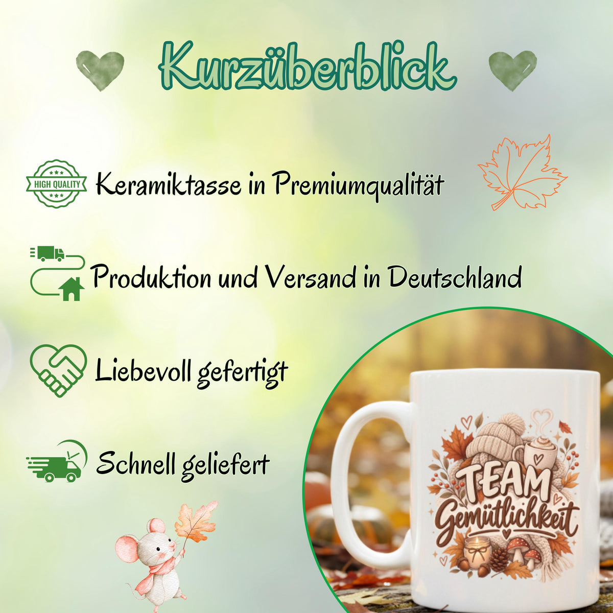 Herbst Tasse mit Spruch „Team Gemütlichkeit“ als gemütliches Herbst Geschenk, Me Time Geschenk und Geschenk für beste Freundin. Weiße Keramiktasse 330 ml beidseitig bedruckt mit herbstlichem Cozy-Season-Motiv aus warmer Tasse, Strickmütze, Kuscheldecke, Kerze, Pilzen, Tannenzapfen, Eicheln und Herbstblättern. Herbsttasse für Herbstzeit und gemütliche Kaffee-, Tee- oder Kakaomomente, ideal als Geschenk für Kaffeeliebhaber, Freundin, Mama, Schwester und echte Herbstfans.