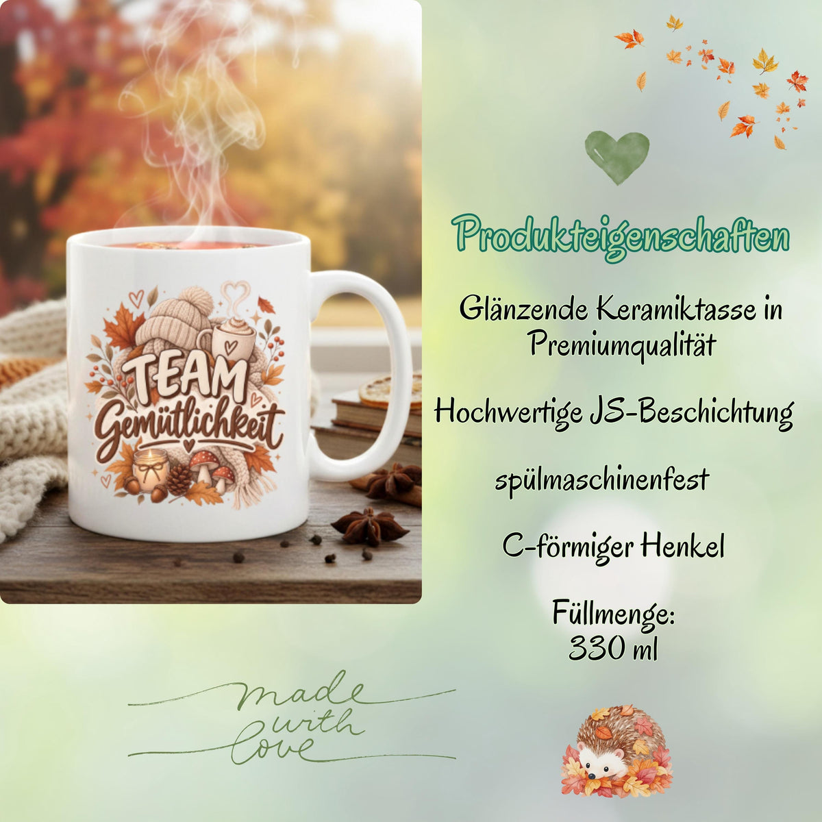 Herbst Tasse mit Spruch „Team Gemütlichkeit“ als gemütliches Herbst Geschenk, Me Time Geschenk und Geschenk für beste Freundin. Weiße Keramiktasse 330 ml beidseitig bedruckt mit herbstlichem Cozy-Season-Motiv aus warmer Tasse, Strickmütze, Kuscheldecke, Kerze, Pilzen, Tannenzapfen, Eicheln und Herbstblättern. Herbsttasse für Herbstzeit und gemütliche Kaffee-, Tee- oder Kakaomomente, ideal als Geschenk für Kaffeeliebhaber, Freundin, Mama, Schwester und echte Herbstfans.