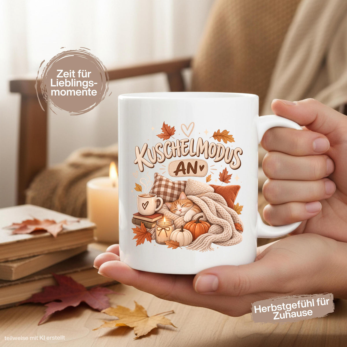 Herbst Tasse mit Spruch „Kuschelmodus an“ als Geschenk für Katzenliebhaber, Geschenk für beste Freundin und gemütliches Me Time Geschenk. Weiße Keramiktasse 330 ml beidseitig bedruckt mit schlafender Katze unter einer Strickdecke, Kissen, Kaffee, Büchern, Kerze, Kürbissen und bunten Herbstblättern. Herbsttasse für Herbstzeit und Cozy Season, ideal als Geschenk für Kaffeeliebhaber, Katzenfans, Freundin, Mama oder Schwester und für gemütliche Kaffee-, Tee- und Kakaomomente.