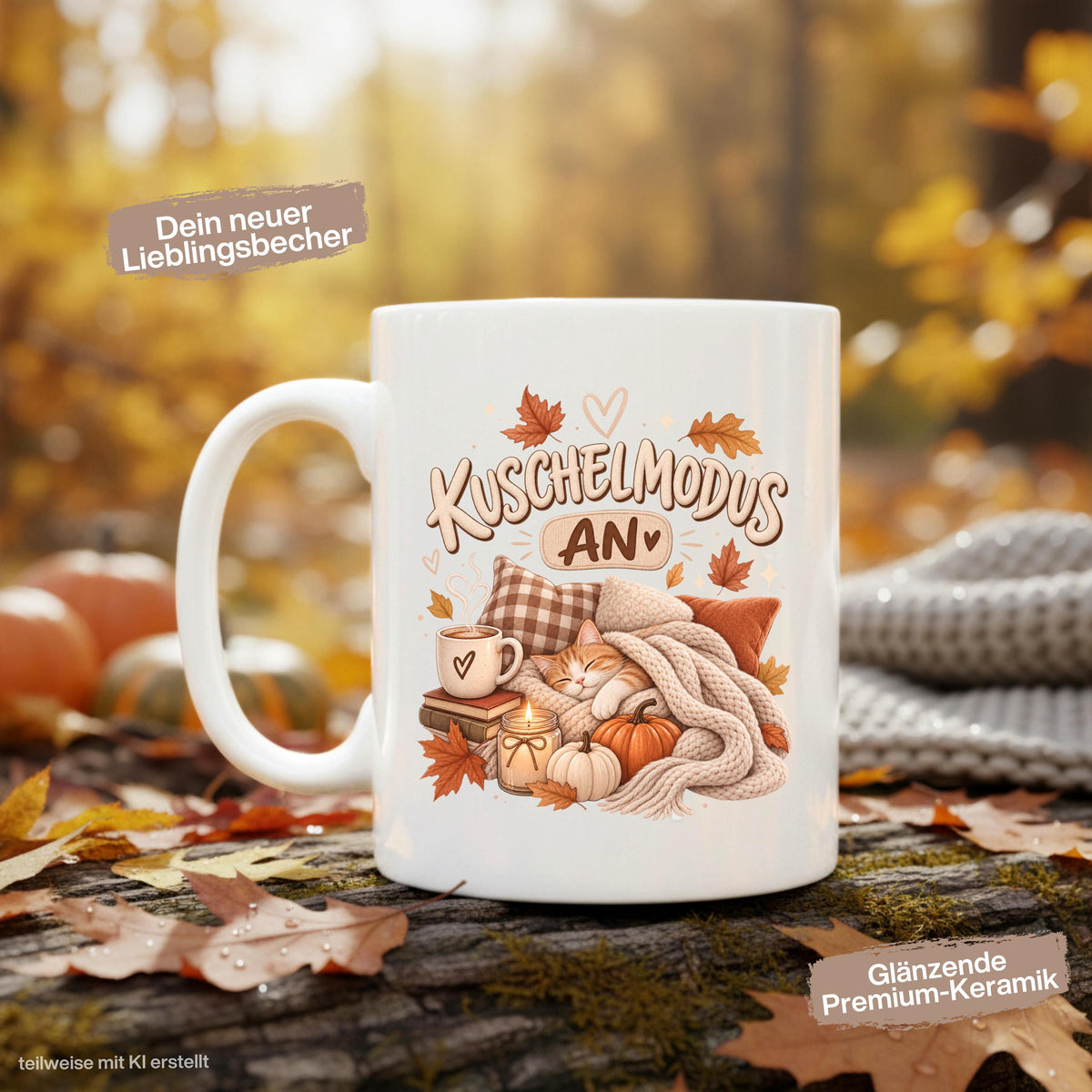 Herbst Tasse mit Spruch „Kuschelmodus an“ als Geschenk für Katzenliebhaber, Geschenk für beste Freundin und gemütliches Me Time Geschenk. Weiße Keramiktasse 330 ml beidseitig bedruckt mit schlafender Katze unter einer Strickdecke, Kissen, Kaffee, Büchern, Kerze, Kürbissen und bunten Herbstblättern. Herbsttasse für Herbstzeit und Cozy Season, ideal als Geschenk für Kaffeeliebhaber, Katzenfans, Freundin, Mama oder Schwester und für gemütliche Kaffee-, Tee- und Kakaomomente.