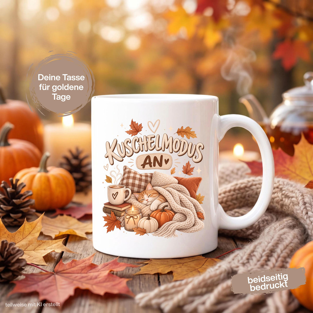 Herbst Tasse mit Spruch „Kuschelmodus an“ als Geschenk für Katzenliebhaber, Geschenk für beste Freundin und gemütliches Me Time Geschenk. Weiße Keramiktasse 330 ml beidseitig bedruckt mit schlafender Katze unter einer Strickdecke, Kissen, Kaffee, Büchern, Kerze, Kürbissen und bunten Herbstblättern. Herbsttasse für Herbstzeit und Cozy Season, ideal als Geschenk für Kaffeeliebhaber, Katzenfans, Freundin, Mama oder Schwester und für gemütliche Kaffee-, Tee- und Kakaomomente.
