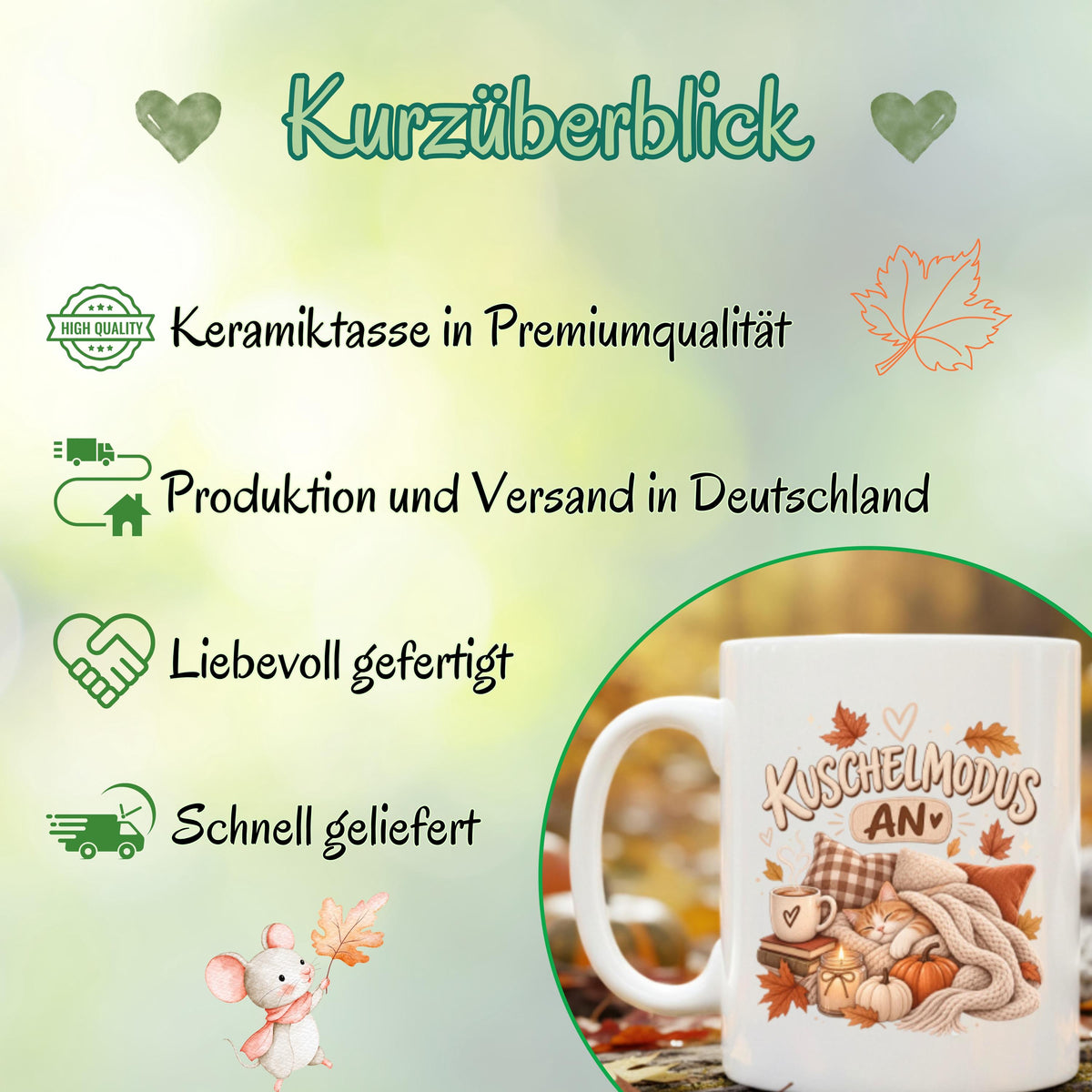 Herbst Tasse mit Spruch „Kuschelmodus an“ als Geschenk für Katzenliebhaber, Geschenk für beste Freundin und gemütliches Me Time Geschenk. Weiße Keramiktasse 330 ml beidseitig bedruckt mit schlafender Katze unter einer Strickdecke, Kissen, Kaffee, Büchern, Kerze, Kürbissen und bunten Herbstblättern. Herbsttasse für Herbstzeit und Cozy Season, ideal als Geschenk für Kaffeeliebhaber, Katzenfans, Freundin, Mama oder Schwester und für gemütliche Kaffee-, Tee- und Kakaomomente.
