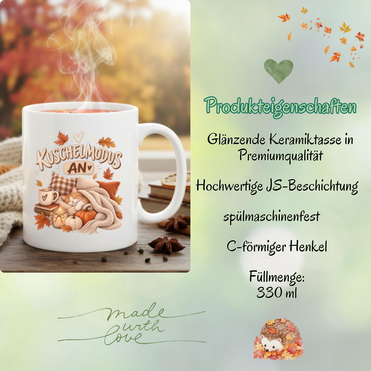 Herbst Tasse mit Spruch „Kuschelmodus an“ als Geschenk für Katzenliebhaber, Geschenk für beste Freundin und gemütliches Me Time Geschenk. Weiße Keramiktasse 330 ml beidseitig bedruckt mit schlafender Katze unter einer Strickdecke, Kissen, Kaffee, Büchern, Kerze, Kürbissen und bunten Herbstblättern. Herbsttasse für Herbstzeit und Cozy Season, ideal als Geschenk für Kaffeeliebhaber, Katzenfans, Freundin, Mama oder Schwester und für gemütliche Kaffee-, Tee- und Kakaomomente.