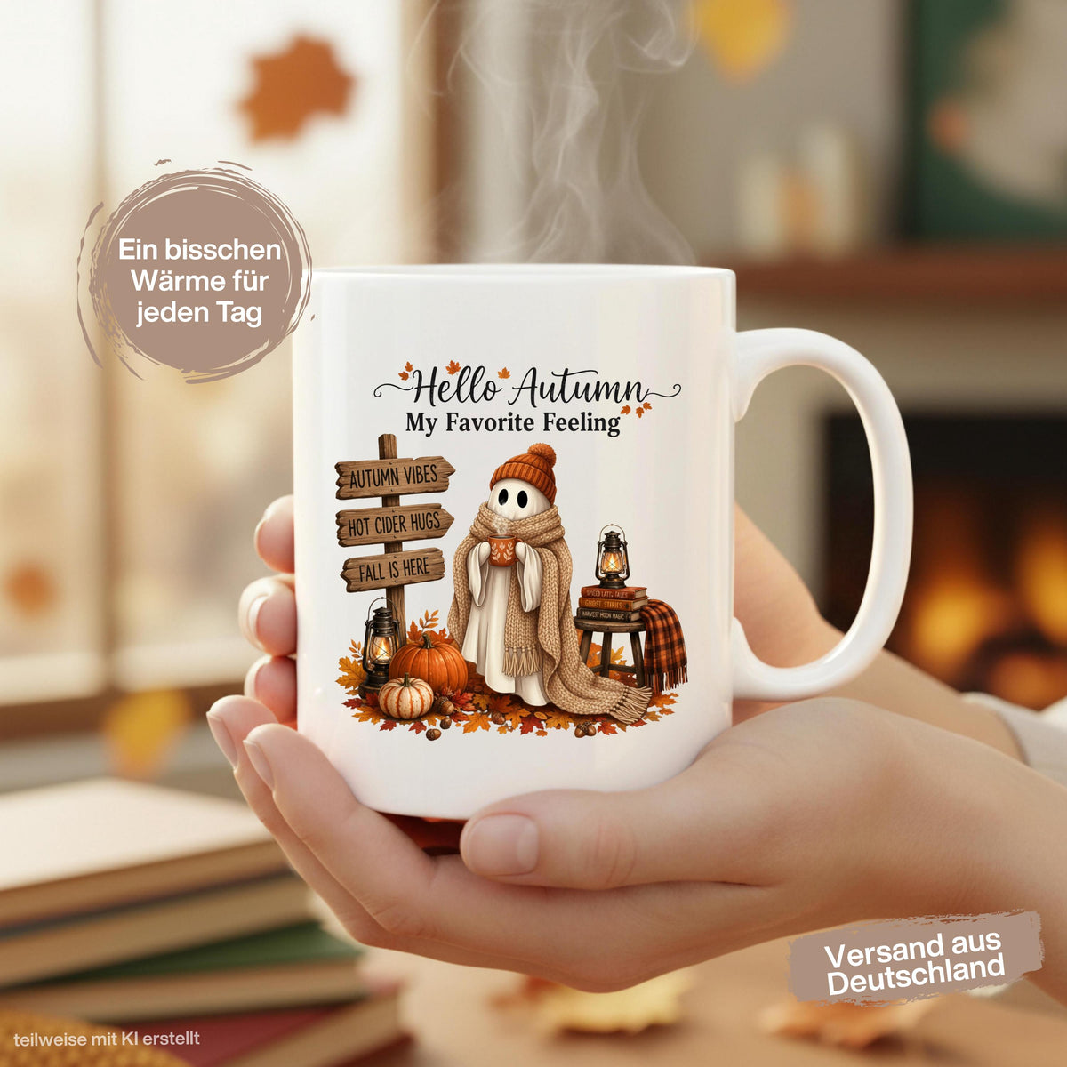 Herbst Tasse „Hello Autumn – My Favorite Feeling“ mit niedlichem Gespenst als gemütliche Keramiktasse für Herbstzeit und Cozy Season. Weiße Keramiktasse 330 ml beidseitig bedruckt mit Herbstmotiv aus Gespenst mit Strickmütze und Schal, warmer Tasse, Kürbissen, Herbstblättern, Laternen, Büchern und rustikalem Wegweiser. Herbsttasse als Herbst Geschenk für Herbstfans, beste Freundin, Mama, Schwester und Kaffeeliebhaber mit gemütlichen Autumn Vibes.  geschenk herbstfan
geschenk freundin tasse