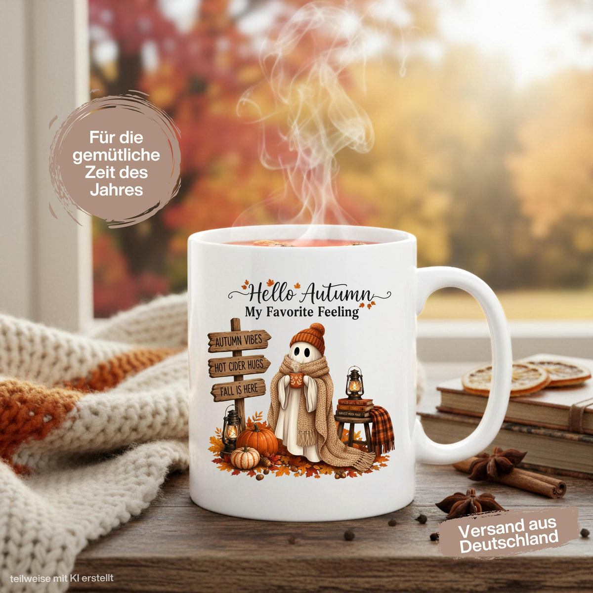 Herbst Tasse „Hello Autumn – My Favorite Feeling“ mit niedlichem Gespenst als gemütliche Keramiktasse für Herbstzeit und Cozy Season. Weiße Keramiktasse 330 ml beidseitig bedruckt mit Herbstmotiv aus Gespenst mit Strickmütze und Schal, warmer Tasse, Kürbissen, Herbstblättern, Laternen, Büchern und rustikalem Wegweiser. Herbsttasse als Herbst Geschenk für Herbstfans, beste Freundin, Mama, Schwester und Kaffeeliebhaber mit gemütlichen Autumn Vibes.  geschenk herbstfan
geschenk freundin tasse