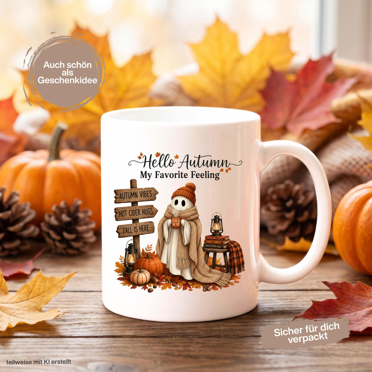 Herbst Tasse „Hello Autumn – My Favorite Feeling“ mit niedlichem Gespenst als gemütliche Keramiktasse für Herbstzeit und Cozy Season. Weiße Keramiktasse 330 ml beidseitig bedruckt mit Herbstmotiv aus Gespenst mit Strickmütze und Schal, warmer Tasse, Kürbissen, Herbstblättern, Laternen, Büchern und rustikalem Wegweiser. Herbsttasse als Herbst Geschenk für Herbstfans, beste Freundin, Mama, Schwester und Kaffeeliebhaber mit gemütlichen Autumn Vibes.  geschenk herbstfan
geschenk freundin tasse