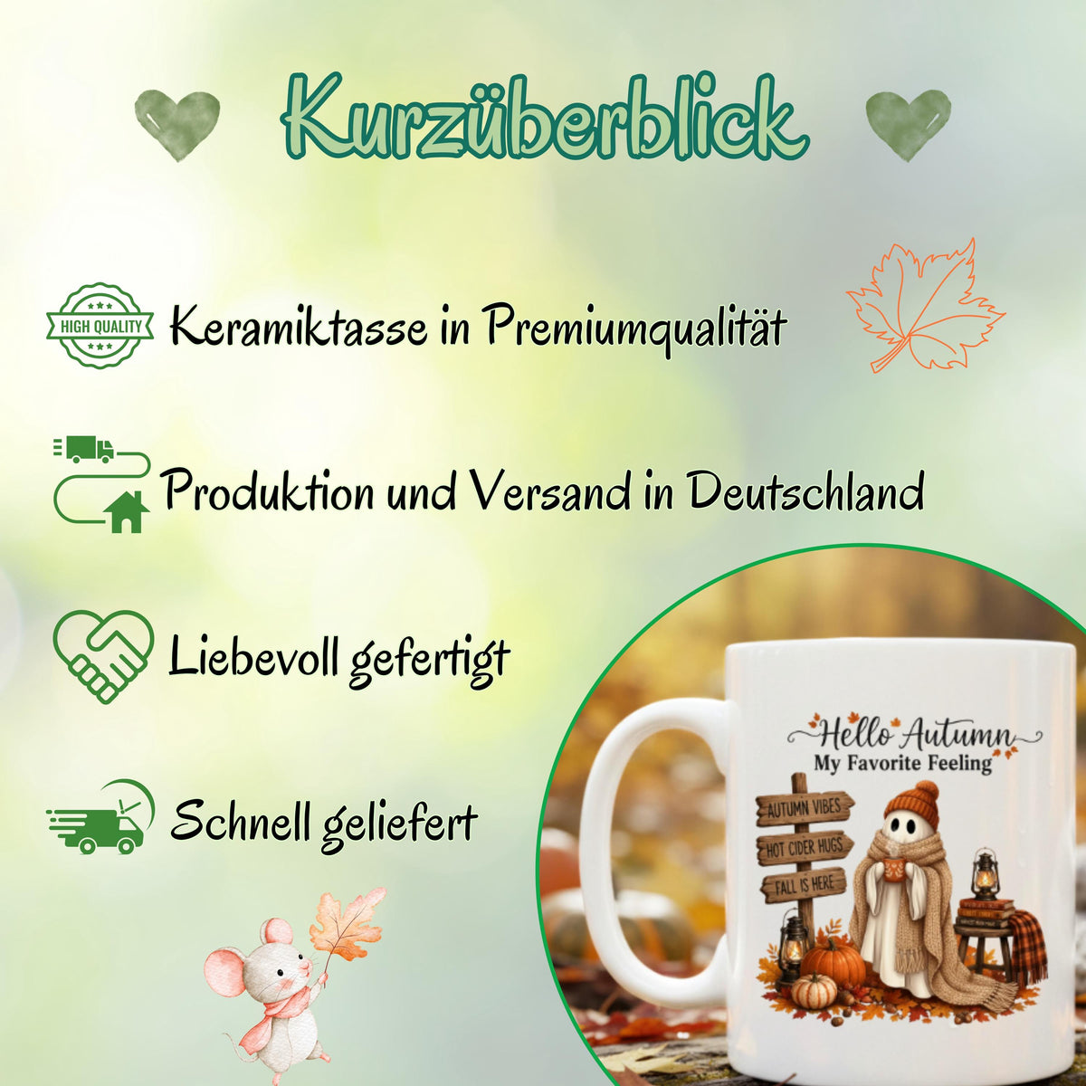Herbst Tasse „Hello Autumn – My Favorite Feeling“ mit niedlichem Gespenst als gemütliche Keramiktasse für Herbstzeit und Cozy Season. Weiße Keramiktasse 330 ml beidseitig bedruckt mit Herbstmotiv aus Gespenst mit Strickmütze und Schal, warmer Tasse, Kürbissen, Herbstblättern, Laternen, Büchern und rustikalem Wegweiser. Herbsttasse als Herbst Geschenk für Herbstfans, beste Freundin, Mama, Schwester und Kaffeeliebhaber mit gemütlichen Autumn Vibes.  geschenk herbstfan
geschenk freundin tasse