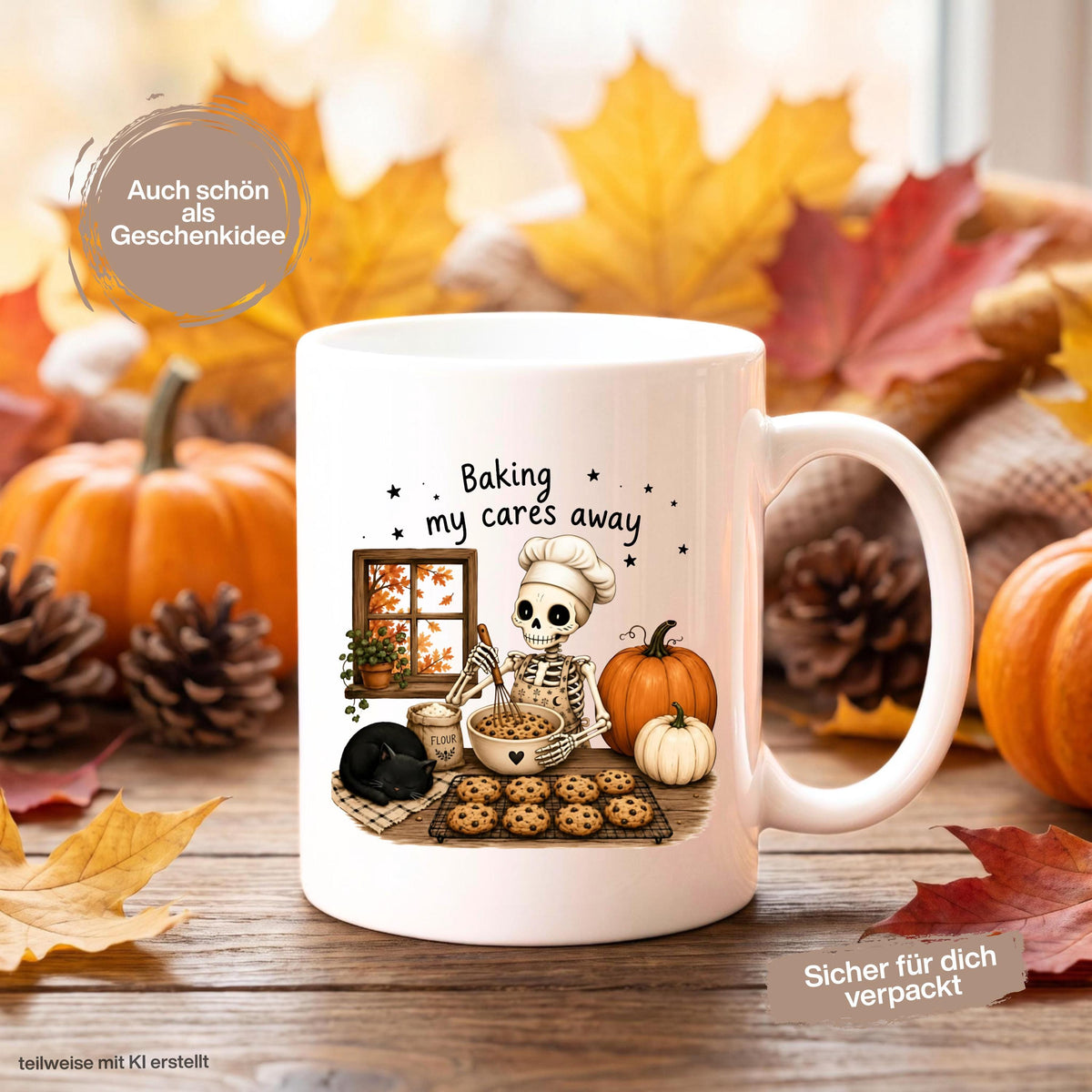 Herbst Tasse „Baking my cares away“ als Geschenk für Bäckerin, Backliebhaber und Katzenfans. Weiße Keramiktasse 330 ml beidseitig bedruckt mit humorvollem Herbstmotiv aus Skelett mit Kochmütze beim Backen, schwarzer Katze, Chocolate-Chip-Cookies, Kürbissen und buntem Herbstlaub. Gemütliche Herbsttasse und Halloween Tasse für Hobbybäcker, beste Freundin, Mama oder Schwester, ideal für Kaffee, Cozy Season und herbstliche Backtage. tasse herbst
herbsttasse halloween tasse geschenk bäckerin