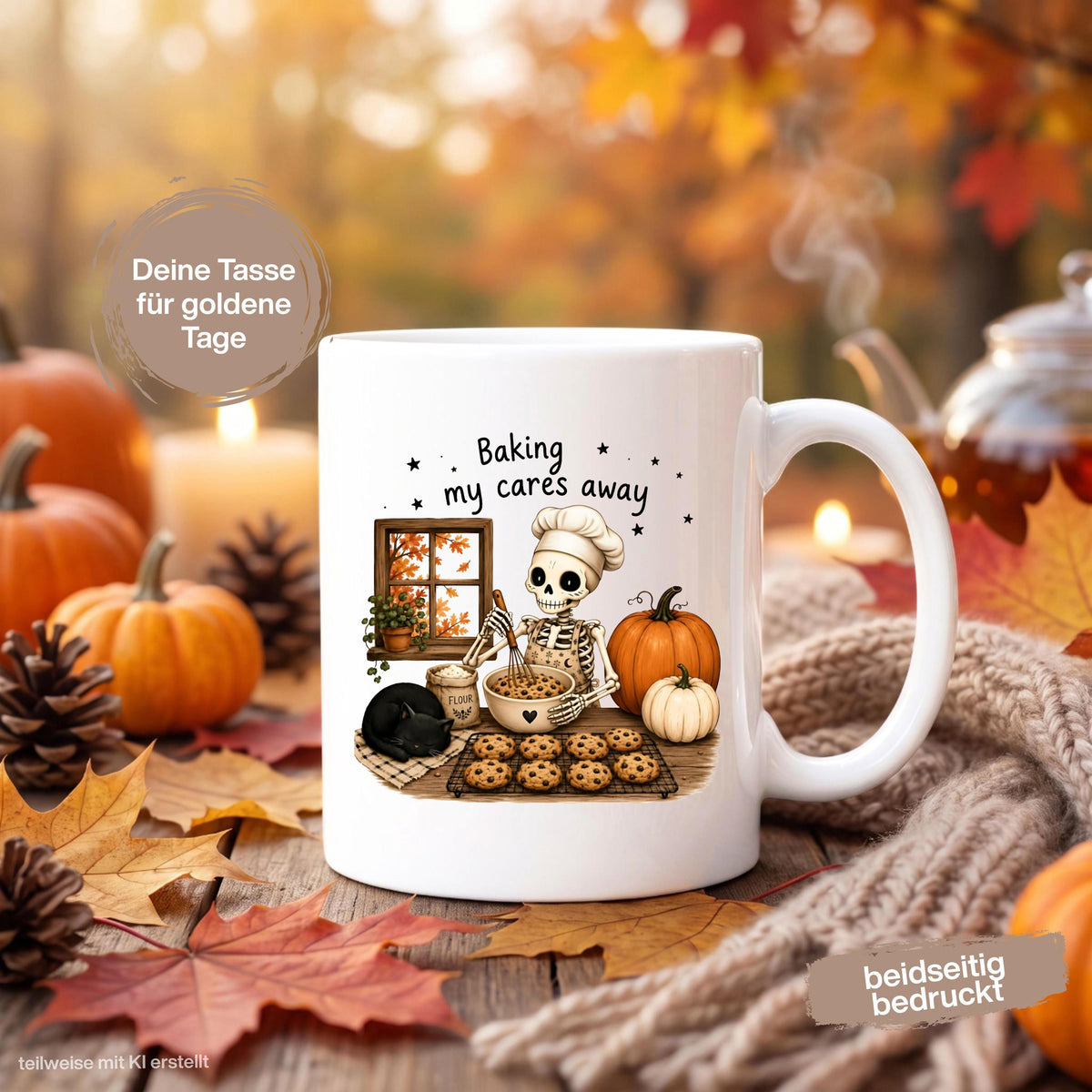 Herbst Tasse „Baking my cares away“ als Geschenk für Bäckerin, Backliebhaber und Katzenfans. Weiße Keramiktasse 330 ml beidseitig bedruckt mit humorvollem Herbstmotiv aus Skelett mit Kochmütze beim Backen, schwarzer Katze, Chocolate-Chip-Cookies, Kürbissen und buntem Herbstlaub. Gemütliche Herbsttasse und Halloween Tasse für Hobbybäcker, beste Freundin, Mama oder Schwester, ideal für Kaffee, Cozy Season und herbstliche Backtage. tasse herbst
herbsttasse halloween tasse geschenk bäckerin