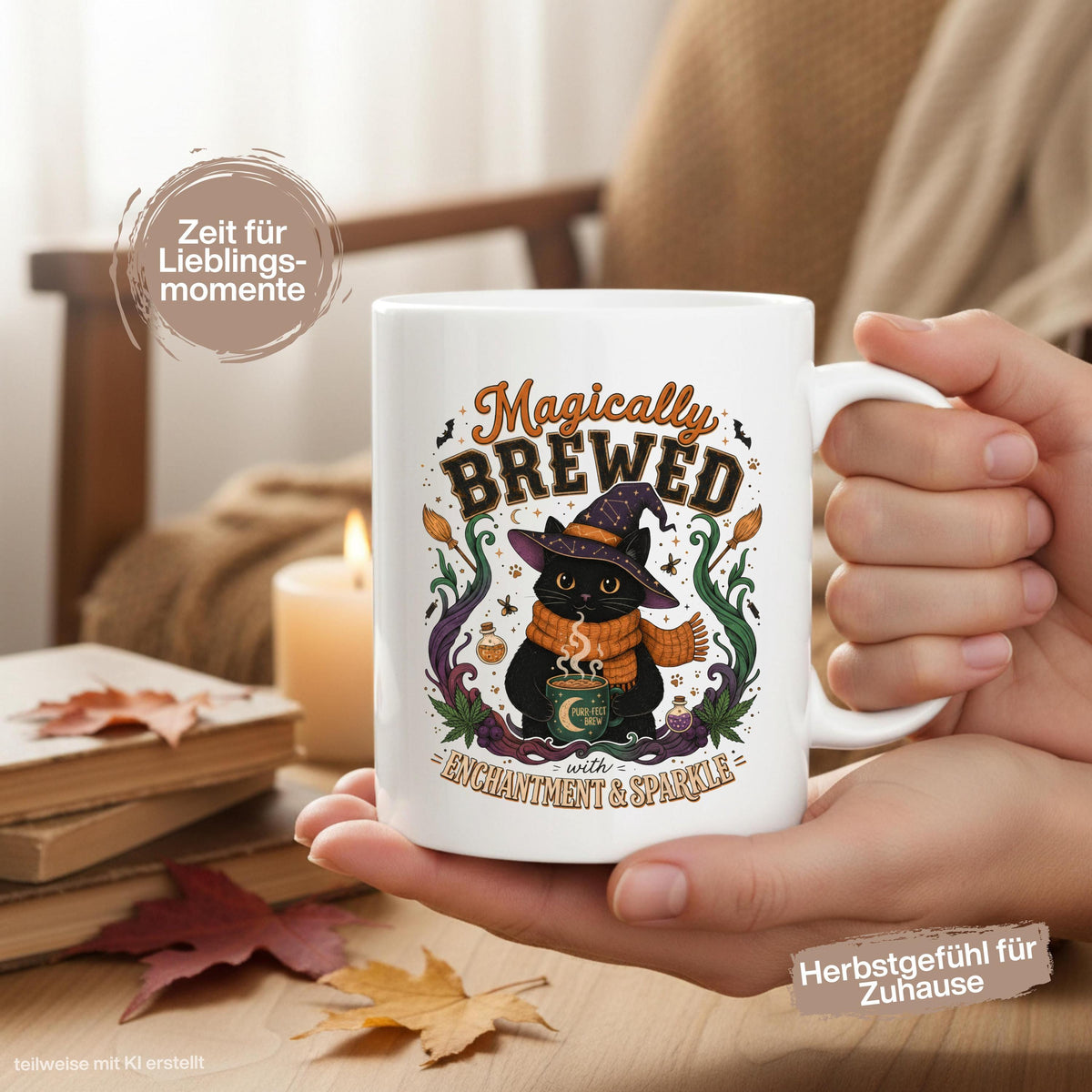 Halloween Tasse „Magically Brewed“ mit schwarzer Katze als Geschenk für Katzenliebhaber, Katzenfans und Hexenfans. Weiße Keramiktasse 330 ml beidseitig bedruckt mit niedlicher Hexenkatze, Hexenhut, orangefarbenem Schal, Zaubertränken, Fledermäusen und magischen Details. Witchy Tasse und Herbst Tasse für Spooky Season, Halloween und gemütliche Kaffeepausen, schöne Geschenkidee für beste Freundin, Schwester, Mama und Fans schwarzer Katzen. Geschenke für Katzenliebhaber Tasse Herbst Geschenk