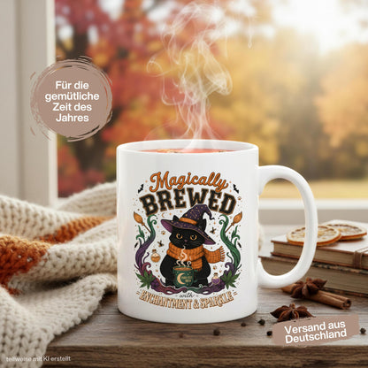 Halloween Tasse „Magically Brewed“ mit schwarzer Katze als Geschenk für Katzenliebhaber, Katzenfans und Hexenfans. Weiße Keramiktasse 330 ml beidseitig bedruckt mit niedlicher Hexenkatze, Hexenhut, orangefarbenem Schal, Zaubertränken, Fledermäusen und magischen Details. Witchy Tasse und Herbst Tasse für Spooky Season, Halloween und gemütliche Kaffeepausen, schöne Geschenkidee für beste Freundin, Schwester, Mama und Fans schwarzer Katzen. Geschenke für Katzenliebhaber Tasse Herbst Geschenk
