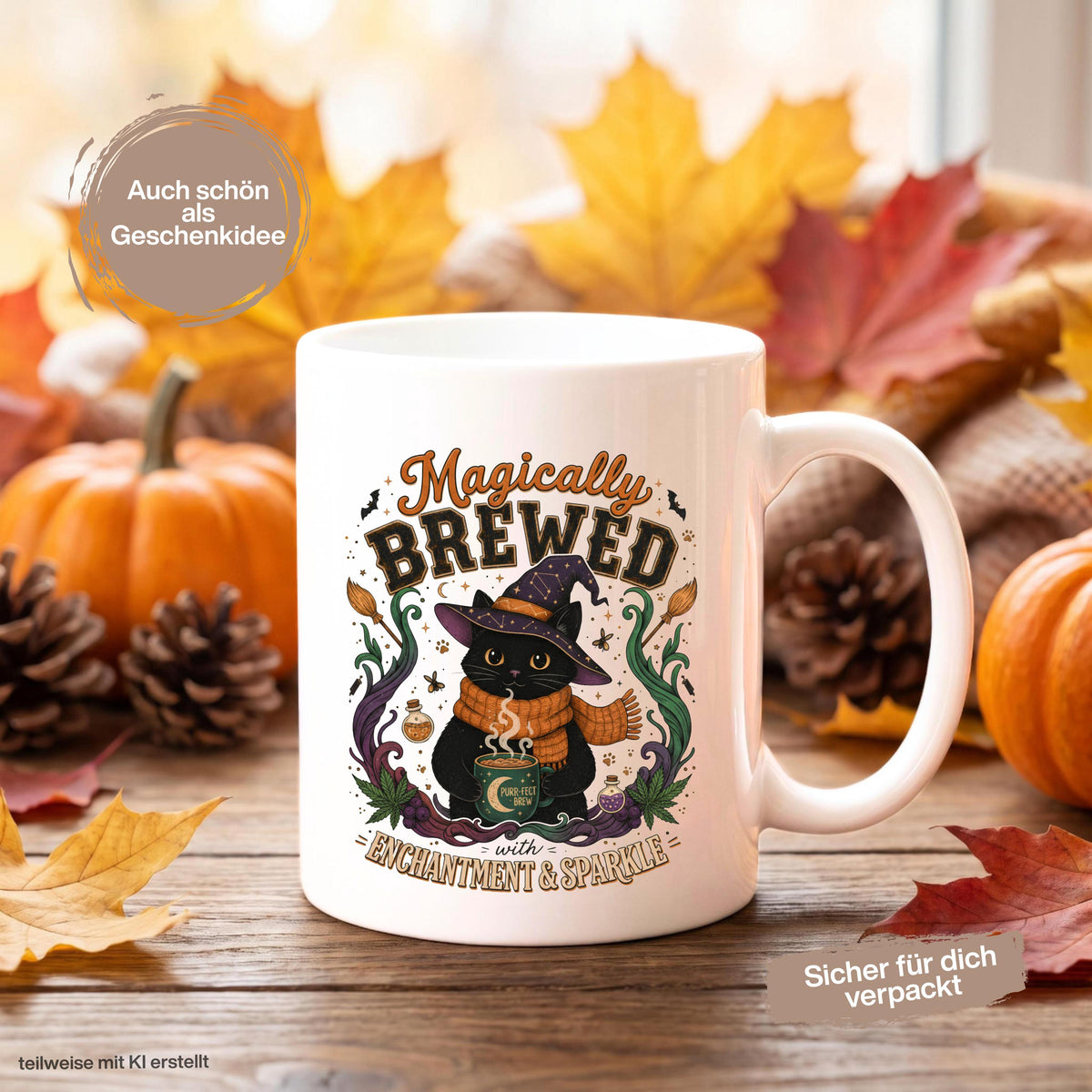 Halloween Tasse „Magically Brewed“ mit schwarzer Katze als Geschenk für Katzenliebhaber, Katzenfans und Hexenfans. Weiße Keramiktasse 330 ml beidseitig bedruckt mit niedlicher Hexenkatze, Hexenhut, orangefarbenem Schal, Zaubertränken, Fledermäusen und magischen Details. Witchy Tasse und Herbst Tasse für Spooky Season, Halloween und gemütliche Kaffeepausen, schöne Geschenkidee für beste Freundin, Schwester, Mama und Fans schwarzer Katzen. Geschenke für Katzenliebhaber Tasse Herbst Geschenk