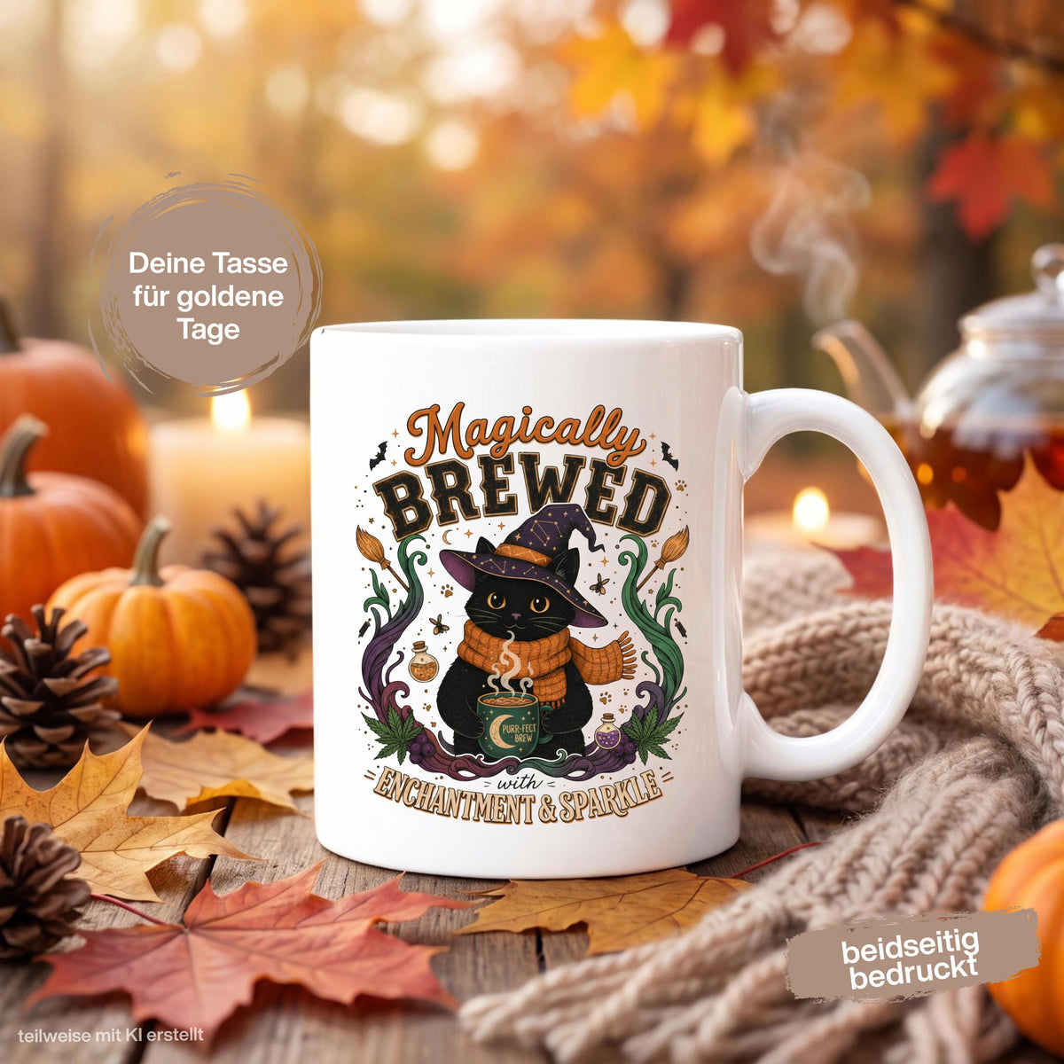 Halloween Tasse „Magically Brewed“ mit schwarzer Katze als Geschenk für Katzenliebhaber, Katzenfans und Hexenfans. Weiße Keramiktasse 330 ml beidseitig bedruckt mit niedlicher Hexenkatze, Hexenhut, orangefarbenem Schal, Zaubertränken, Fledermäusen und magischen Details. Witchy Tasse und Herbst Tasse für Spooky Season, Halloween und gemütliche Kaffeepausen, schöne Geschenkidee für beste Freundin, Schwester, Mama und Fans schwarzer Katzen. Geschenke für Katzenliebhaber Tasse Herbst Geschenk