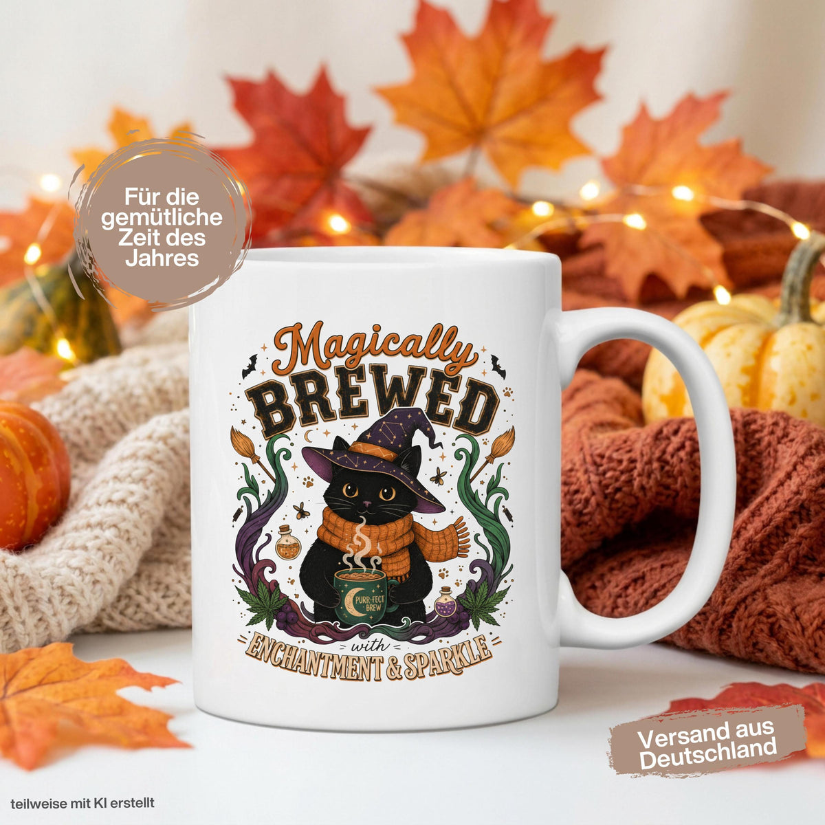 Halloween Tasse „Magically Brewed“ mit schwarzer Katze als Geschenk für Katzenliebhaber, Katzenfans und Hexenfans. Weiße Keramiktasse 330 ml beidseitig bedruckt mit niedlicher Hexenkatze, Hexenhut, orangefarbenem Schal, Zaubertränken, Fledermäusen und magischen Details. Witchy Tasse und Herbst Tasse für Spooky Season, Halloween und gemütliche Kaffeepausen, schöne Geschenkidee für beste Freundin, Schwester, Mama und Fans schwarzer Katzen. Geschenke für Katzenliebhaber Tasse Herbst Geschenk