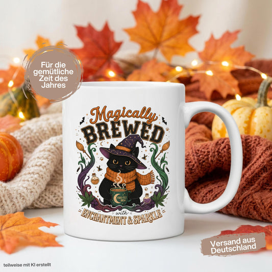 Halloween Tasse „Magically Brewed“ mit schwarzer Katze als Geschenk für Katzenliebhaber, Katzenfans und Hexenfans. Weiße Keramiktasse 330 ml beidseitig bedruckt mit niedlicher Hexenkatze, Hexenhut, orangefarbenem Schal, Zaubertränken, Fledermäusen und magischen Details. Witchy Tasse und Herbst Tasse für Spooky Season, Halloween und gemütliche Kaffeepausen, schöne Geschenkidee für beste Freundin, Schwester, Mama und Fans schwarzer Katzen. Geschenke für Katzenliebhaber Tasse Herbst Geschenk