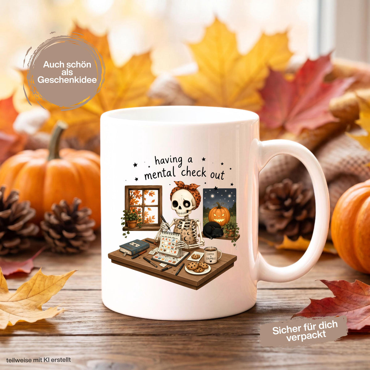Halloween Tasse mit Spruch „having a mental check out“ und lustigem Skelett am Schreibtisch als Halloween Geschenk und Geschenk für Freundin oder Kollegin. Weiße Keramiktasse 330 ml beidseitig bedruckt mit Skelett, Kalender, Kaffee, Keksen, schwarzer Katze, Kürbis und Herbstblättern. Humorvolle Skelett Tasse für Spooky Season und Herbstzeit, ideal als lustiges Geschenk für Halloweenfans, beste Freundin, Schwester und Kollegin. Halloween Tasse, Mental Load Tasse, Lustige Tasse Kollegin