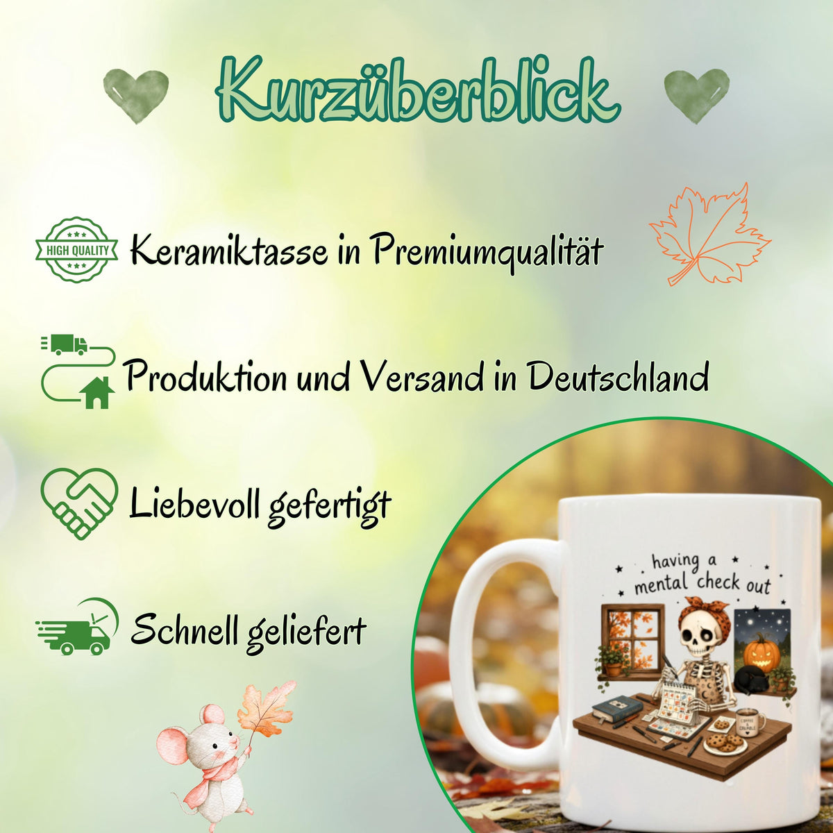 Halloween Tasse mit Spruch „having a mental check out“ und lustigem Skelett am Schreibtisch als Halloween Geschenk und Geschenk für Freundin oder Kollegin. Weiße Keramiktasse 330 ml beidseitig bedruckt mit Skelett, Kalender, Kaffee, Keksen, schwarzer Katze, Kürbis und Herbstblättern. Humorvolle Skelett Tasse für Spooky Season und Herbstzeit, ideal als lustiges Geschenk für Halloweenfans, beste Freundin, Schwester und Kollegin. Halloween Tasse, Mental Load Tasse, Lustige Tasse Kollegin