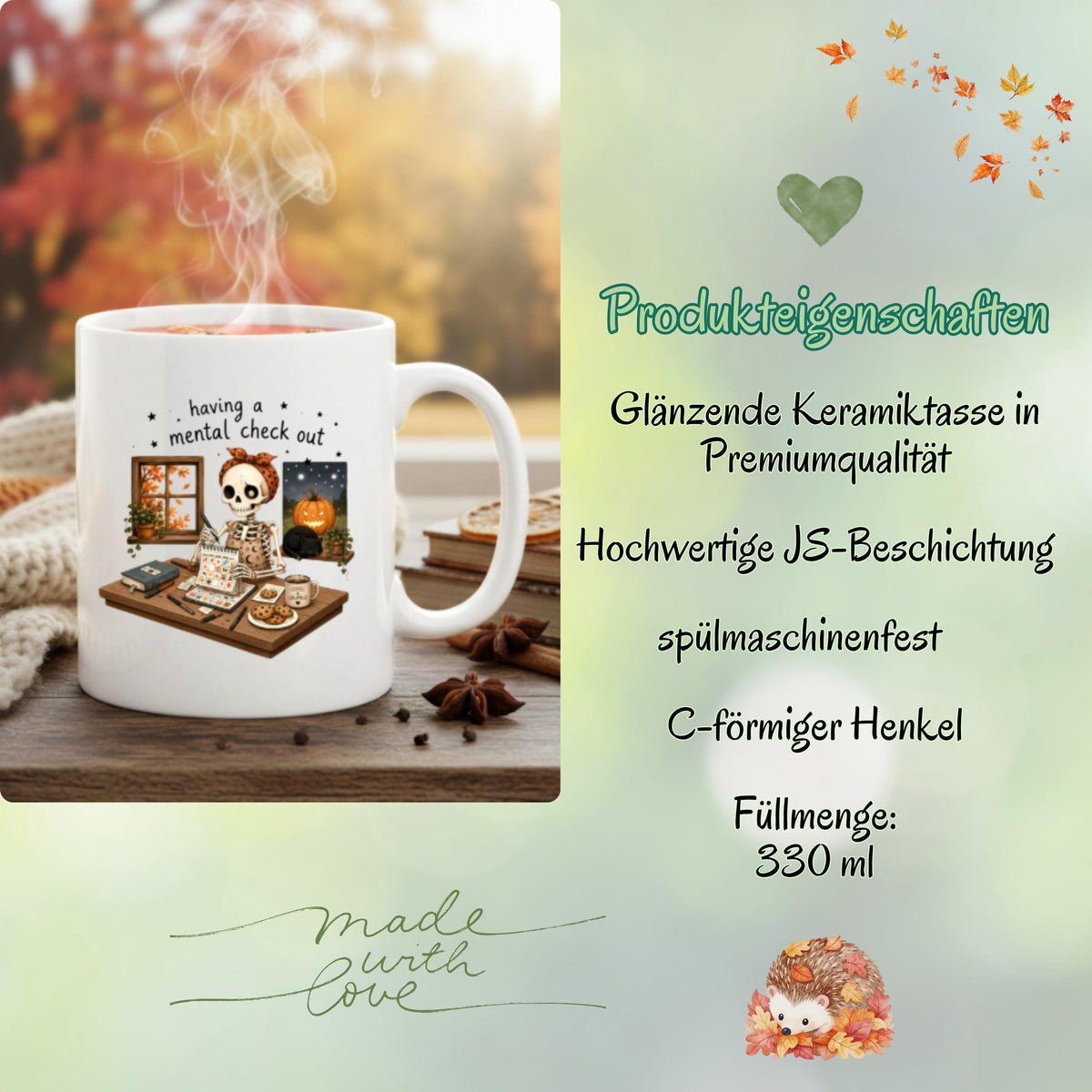 Halloween Tasse mit Spruch „having a mental check out“ und lustigem Skelett am Schreibtisch als Halloween Geschenk und Geschenk für Freundin oder Kollegin. Weiße Keramiktasse 330 ml beidseitig bedruckt mit Skelett, Kalender, Kaffee, Keksen, schwarzer Katze, Kürbis und Herbstblättern. Humorvolle Skelett Tasse für Spooky Season und Herbstzeit, ideal als lustiges Geschenk für Halloweenfans, beste Freundin, Schwester und Kollegin. Halloween Tasse, Mental Load Tasse, Lustige Tasse Kollegin