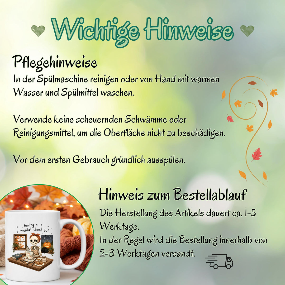 Halloween Tasse mit Spruch „having a mental check out“ und lustigem Skelett am Schreibtisch als Halloween Geschenk und Geschenk für Freundin oder Kollegin. Weiße Keramiktasse 330 ml beidseitig bedruckt mit Skelett, Kalender, Kaffee, Keksen, schwarzer Katze, Kürbis und Herbstblättern. Humorvolle Skelett Tasse für Spooky Season und Herbstzeit, ideal als lustiges Geschenk für Halloweenfans, beste Freundin, Schwester und Kollegin. Halloween Tasse, Mental Load Tasse, Lustige Tasse Kollegin