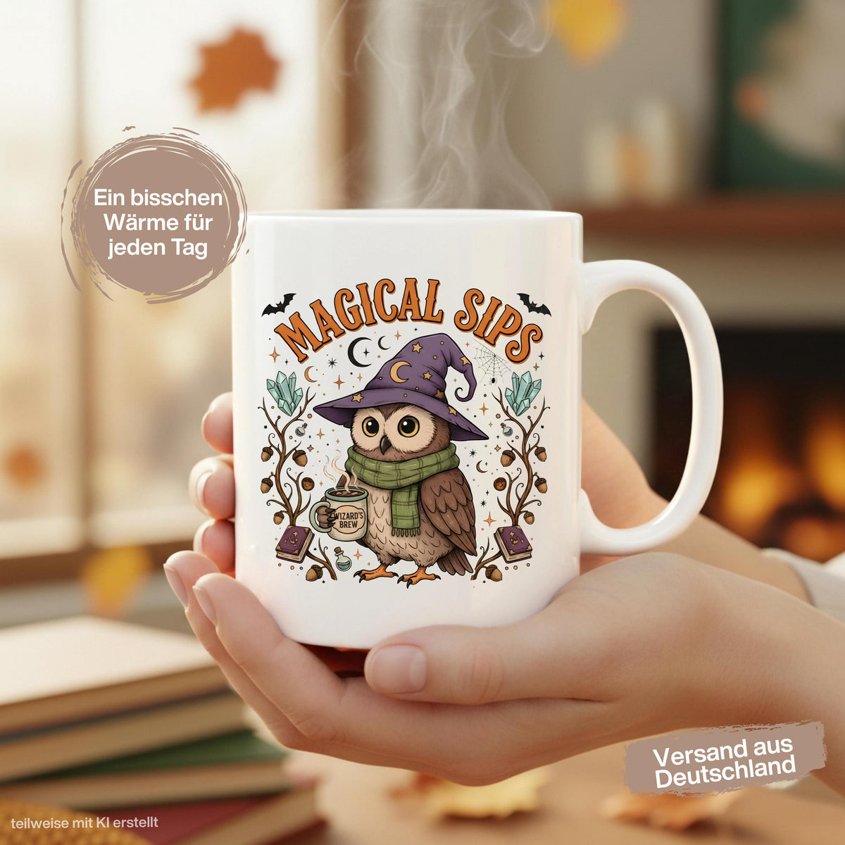 Herbst Tasse „Magical Sips“ mit niedlicher Eule und kleiner „Wizard’s Brew“ Tasse. Weiße Keramiktasse 330 ml mit magischem Herbstmotiv aus Eule, Kristallen, Monden, Sternen, Büchern, Eicheln und Fledermäusen. Eulen Tasse als Geschenk für Eulenliebhaber, Eulenfans und Liebhaber von Witchy Motiven. Zauberhafte Hexen Tasse für Herbstzeit, Cozy Season und Halloween, ideal für Kaffee, Tee oder Kakao und als Herbst Geschenk für Freundin, Schwester, Mama, Fantasyfans und Liebhaber mystischer Designs.
