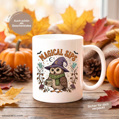 Herbst Tasse „Magical Sips“ mit niedlicher Eule und kleiner „Wizard’s Brew“ Tasse. Weiße Keramiktasse 330 ml mit magischem Herbstmotiv aus Eule, Kristallen, Monden, Sternen, Büchern, Eicheln und Fledermäusen. Eulen Tasse als Geschenk für Eulenliebhaber, Eulenfans und Liebhaber von Witchy Motiven. Zauberhafte Hexen Tasse für Herbstzeit, Cozy Season und Halloween, ideal für Kaffee, Tee oder Kakao und als Herbst Geschenk für Freundin, Schwester, Mama, Fantasyfans und Liebhaber mystischer Designs.