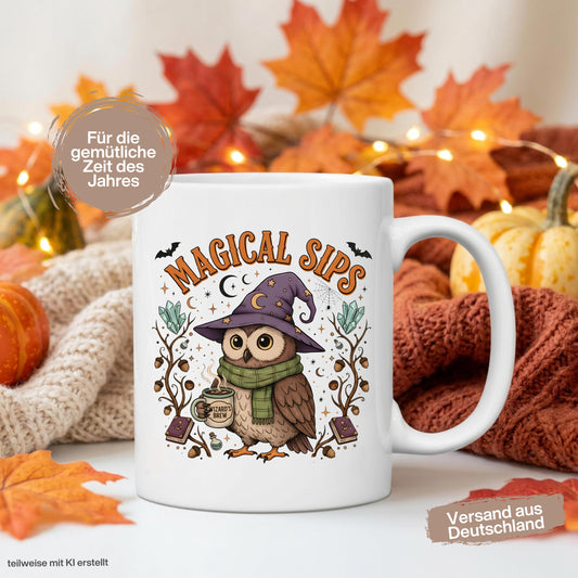 Herbst Tasse „Magical Sips“ mit niedlicher Eule und kleiner „Wizard’s Brew“ Tasse. Weiße Keramiktasse 330 ml mit magischem Herbstmotiv aus Eule, Kristallen, Monden, Sternen, Büchern, Eicheln und Fledermäusen. Eulen Tasse als Geschenk für Eulenliebhaber, Eulenfans und Liebhaber von Witchy Motiven. Zauberhafte Hexen Tasse für Herbstzeit, Cozy Season und Halloween, ideal für Kaffee, Tee oder Kakao und als Herbst Geschenk für Freundin, Schwester, Mama, Fantasyfans und Liebhaber mystischer Designs.