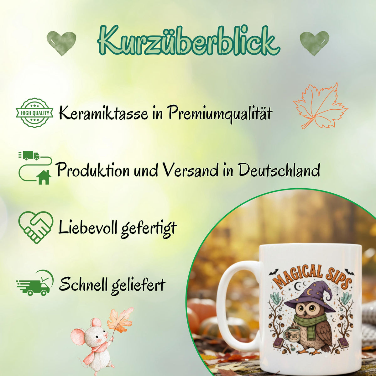 Herbst Tasse „Magical Sips“ mit niedlicher Eule und kleiner „Wizard’s Brew“ Tasse. Weiße Keramiktasse 330 ml mit magischem Herbstmotiv aus Eule, Kristallen, Monden, Sternen, Büchern, Eicheln und Fledermäusen. Eulen Tasse als Geschenk für Eulenliebhaber, Eulenfans und Liebhaber von Witchy Motiven. Zauberhafte Hexen Tasse für Herbstzeit, Cozy Season und Halloween, ideal für Kaffee, Tee oder Kakao und als Herbst Geschenk für Freundin, Schwester, Mama, Fantasyfans und Liebhaber mystischer Designs.