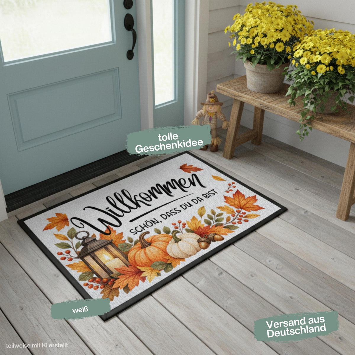 Herbst Fußmatte für Haustür und Eingang mit dem Spruch „Willkommen – Schön, dass du da bist“ und herbstlichem Motiv aus orangefarbenen Kürbissen, bunten Herbstblättern, Beeren, Eicheln und Laterne. Bedruckte Fußmatte aus 100 % Polypropylen mit rutschfestem Gummirand, erhältlich in drei Größen und verschiedenen Hintergrundfarben. Dekorative Haustür Fußmatte und Eingangs Fußmatte für Herbstzeit, passend als Willkommensmatte Schmutzfangmatte und Fußmatte Willkommen für einen dekorierten Hauseingang