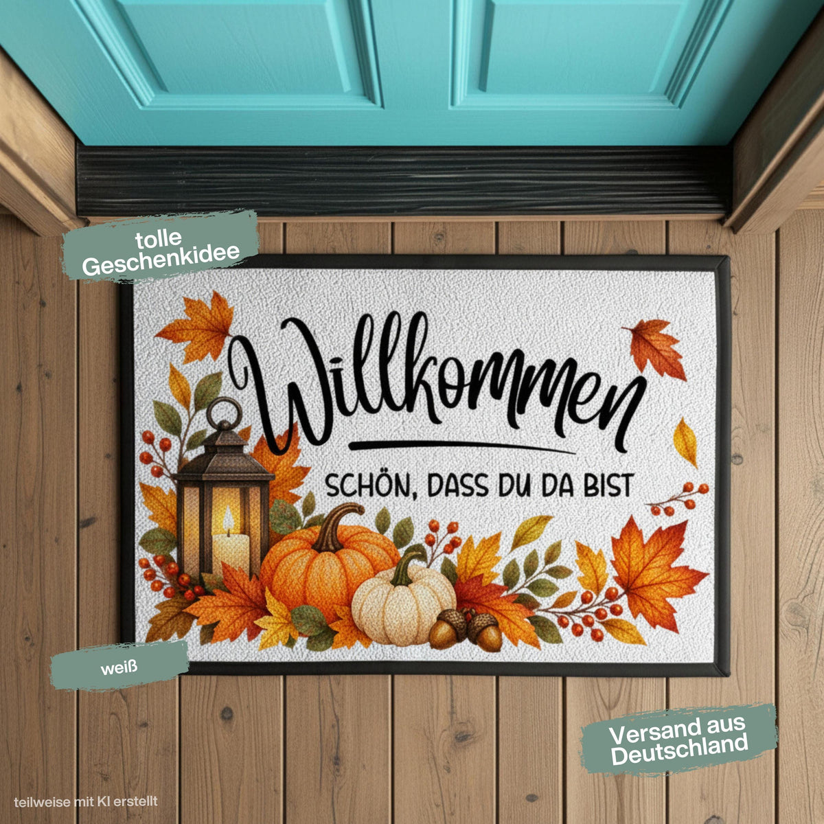 Herbst Fußmatte für Haustür und Eingang mit dem Spruch „Willkommen – Schön, dass du da bist“ und herbstlichem Motiv aus orangefarbenen Kürbissen, bunten Herbstblättern, Beeren, Eicheln und Laterne. Bedruckte Fußmatte aus 100 % Polypropylen mit rutschfestem Gummirand, erhältlich in drei Größen und verschiedenen Hintergrundfarben. Dekorative Haustür Fußmatte und Eingangs Fußmatte für Herbstzeit, passend als Willkommensmatte Schmutzfangmatte und Fußmatte Willkommen für einen dekorierten Hauseingang